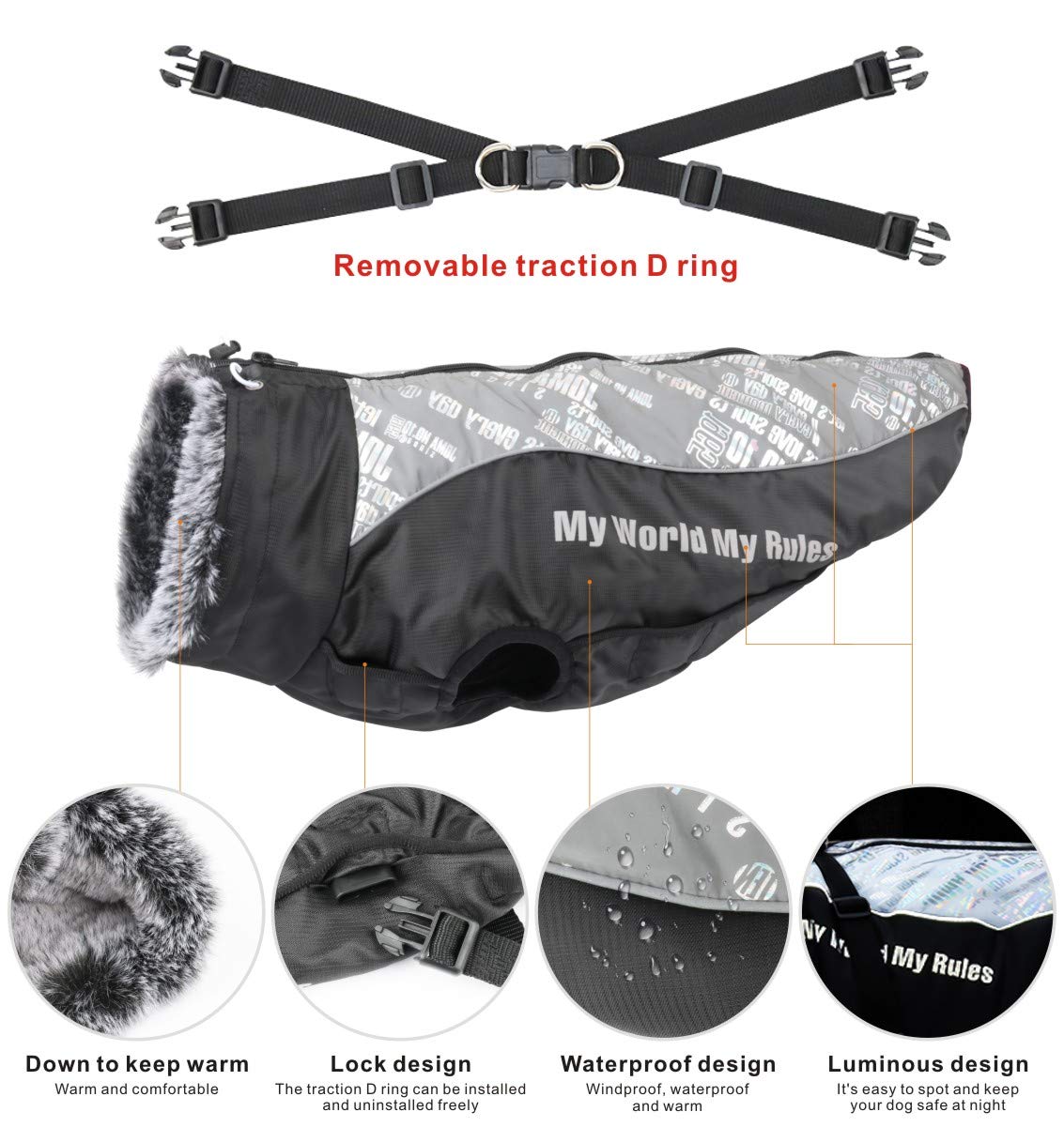 Idepet Manteau de Chien Veste Chaude, Combinaison de Neige réfléchissante pour Animaux de Compagnie imperméable en Plein air pour Chien vêtements Tenue Gilet avec Trou de Harnais