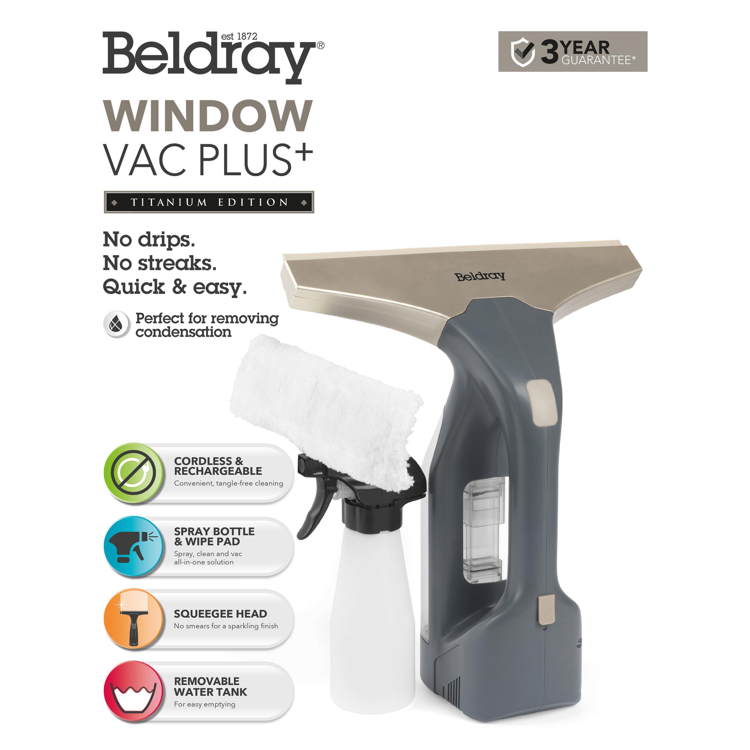 Beldray Cordless Window Vacuum Plus – Handheld & Rechargeable Vac for Streak Free Windows, Mirrors & Glass Cleaning, 100 ml Removable Water Tank, Includes Spray Bottle & Wipe Pad, Titanium, BEL01985