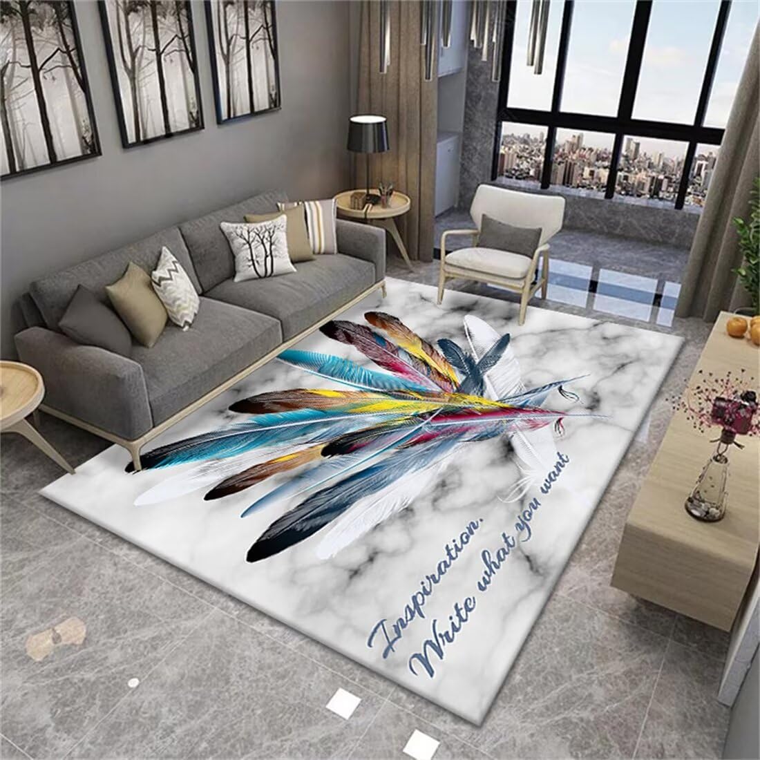 Tapis chambre ado plumes colorées personnalisable et grand tapis entrée