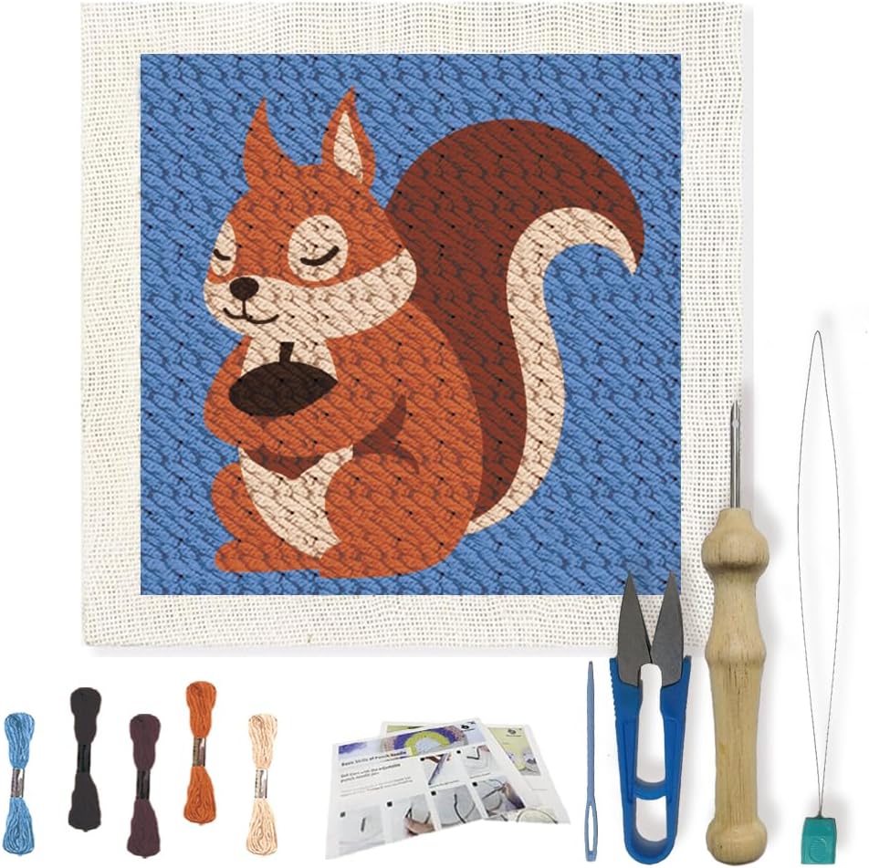 FREEBLOSS DIY Punch Needle Kit Squirrel Punch Needle Embroidery Wall Hanging Painting Kit for Beginners Poke Embroidery Dandelion Room Decor Already Framed, 9.4 * 9.4inch