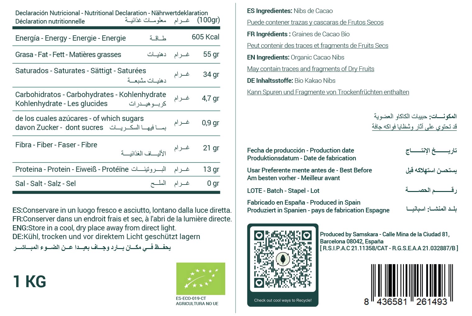 Samskara Nibs de Cacao Crudo y Premium de Perú, Cultivo Ecológico, Vegano, 1kg, 100% Natural, Puro, Sabor Intenso a Cacao, Sin Procesar
