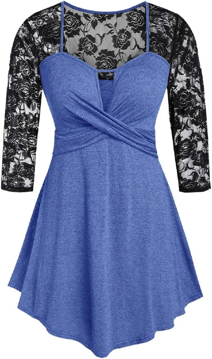 JKLING Women Lace Patchwork Dress Chic Deep V-Neck Long Sleeve Tops Cotton Blend Soft Wrap Flowy Empire Waist Tops