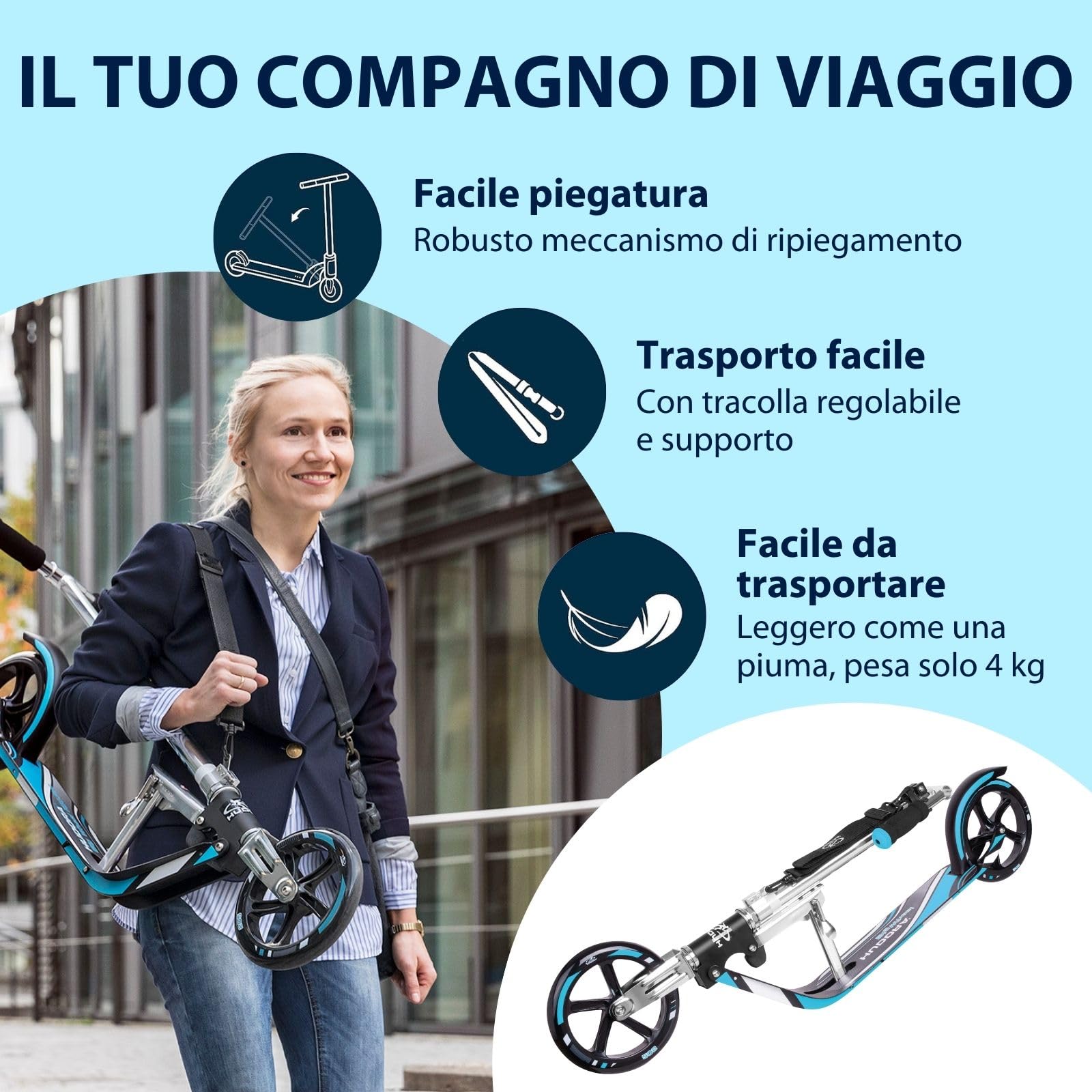 HUDORA Monopattino BigWheel 205 - Monopattino in alluminio resistente - Monopattino pieghevole regolabile con cavalletto - Monopattino sportivo per bambini e adulti fino a 100 kg - nero/blu