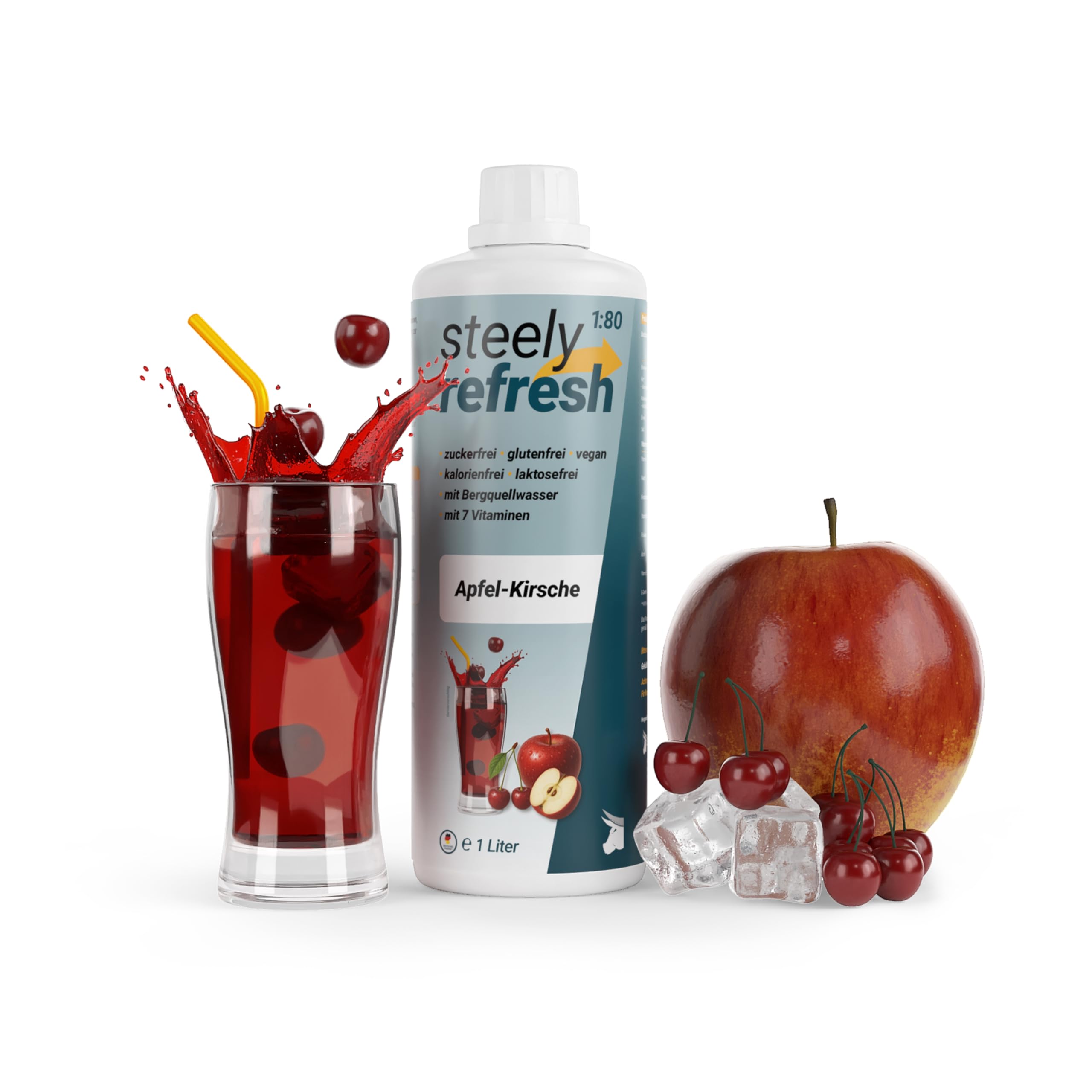 STEELY SPORTS SteelyRefresh Sirup Apfel-Kirsch, zuckerfrei mit Vitaminen, 1L Getränkekonzentrat ergibt 80L, ideal für Wasseraufbereitung