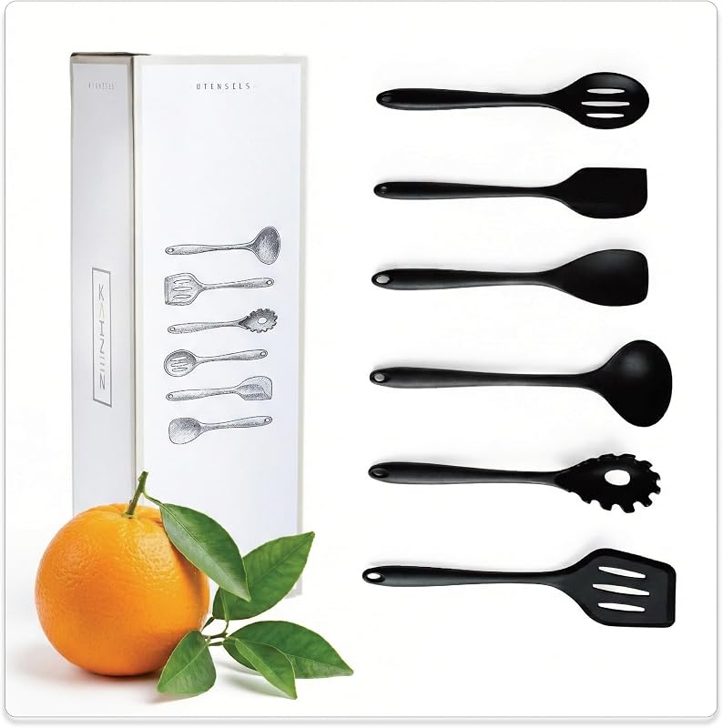 KAIZEN Juego de utensilios de silicona de 6 piezas - Juego de utensilios de cocina multiusos para cocina - Juego de cuchara y espátula antiadherente, resistente a los arañazos y al calor - Herramientas de cocina duraderas y de calidad alimentaria (negro)