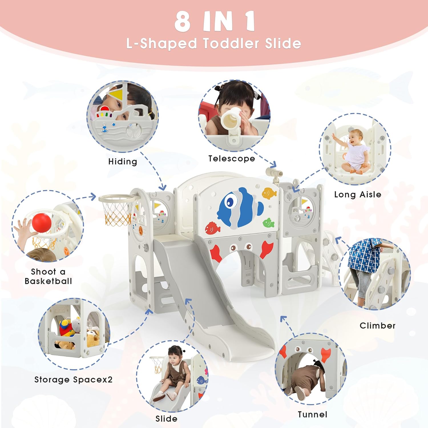 NYEEKOY 8-in-1 Toddler Slide Playset, Suitable for Baby Slide Playset for Toddlers Ages 1-3, Equipped with Multiple Functional Areas Such as Basketball Hoops, Long Passages, and Telescope, Blue Fish