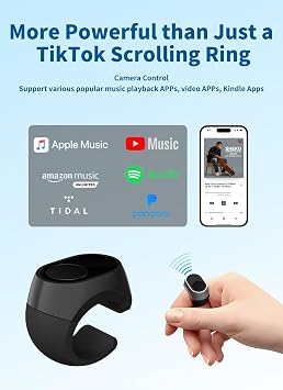 Bluetooth Remote Control Scrolling Ring for TikTok, Camera, Page Turner Remote - for iPhone, iPad, Tablet, iOS and Android - Black