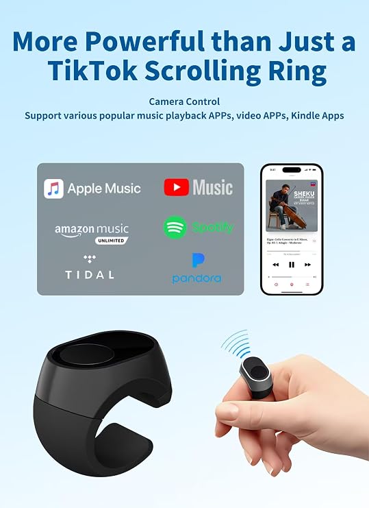 Bluetooth Remote Control Scrolling Ring for TikTok, Camera, Page Turner Remote - for iPhone, iPad, Tablet, iOS and Android - Black