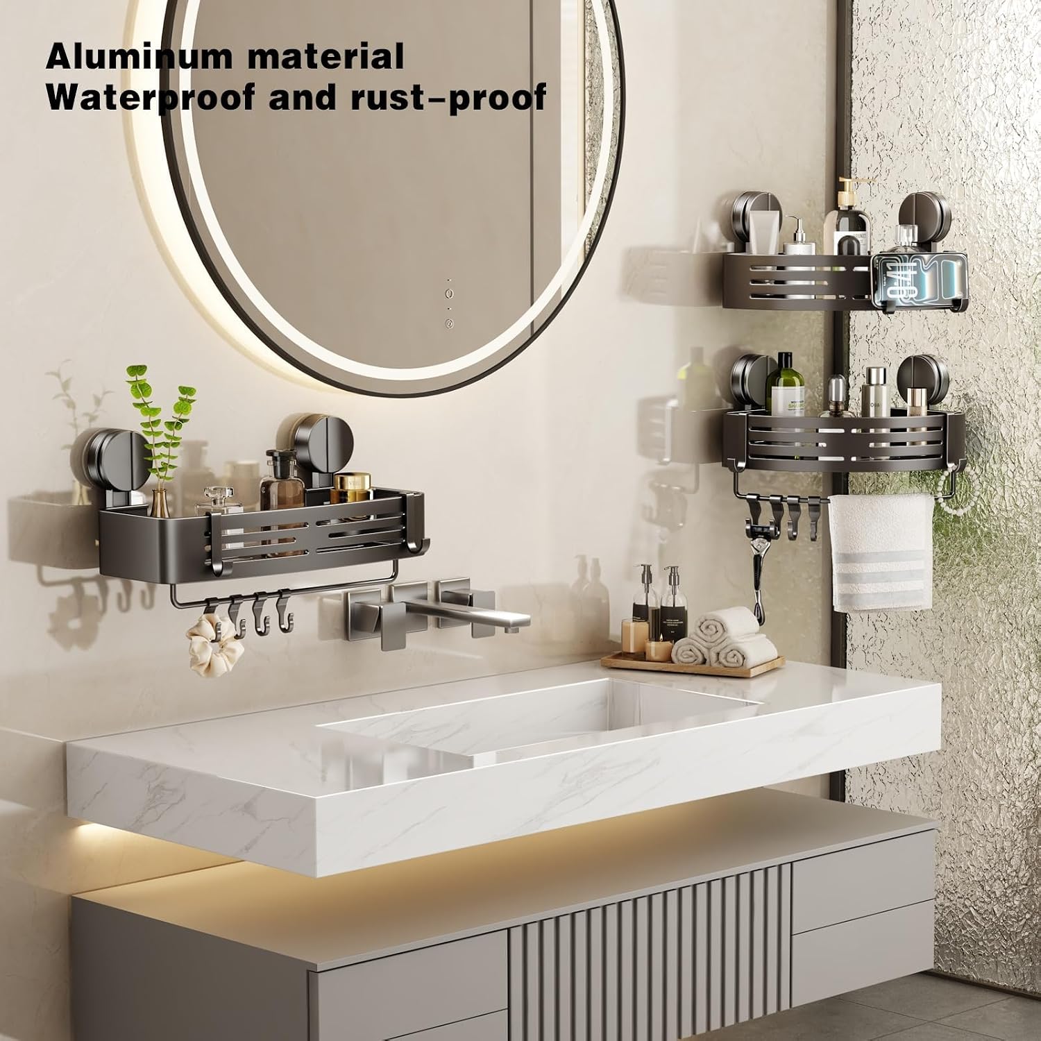 VOLPONE Shower Caddy Suction Shower Shelf No Drilling Shower Organizer Suction Cup Shower Storage Rack Aluminum Wall Mounted Shampoo Holder with Towel Bar Hooks (2-Pack, Matte Gray)