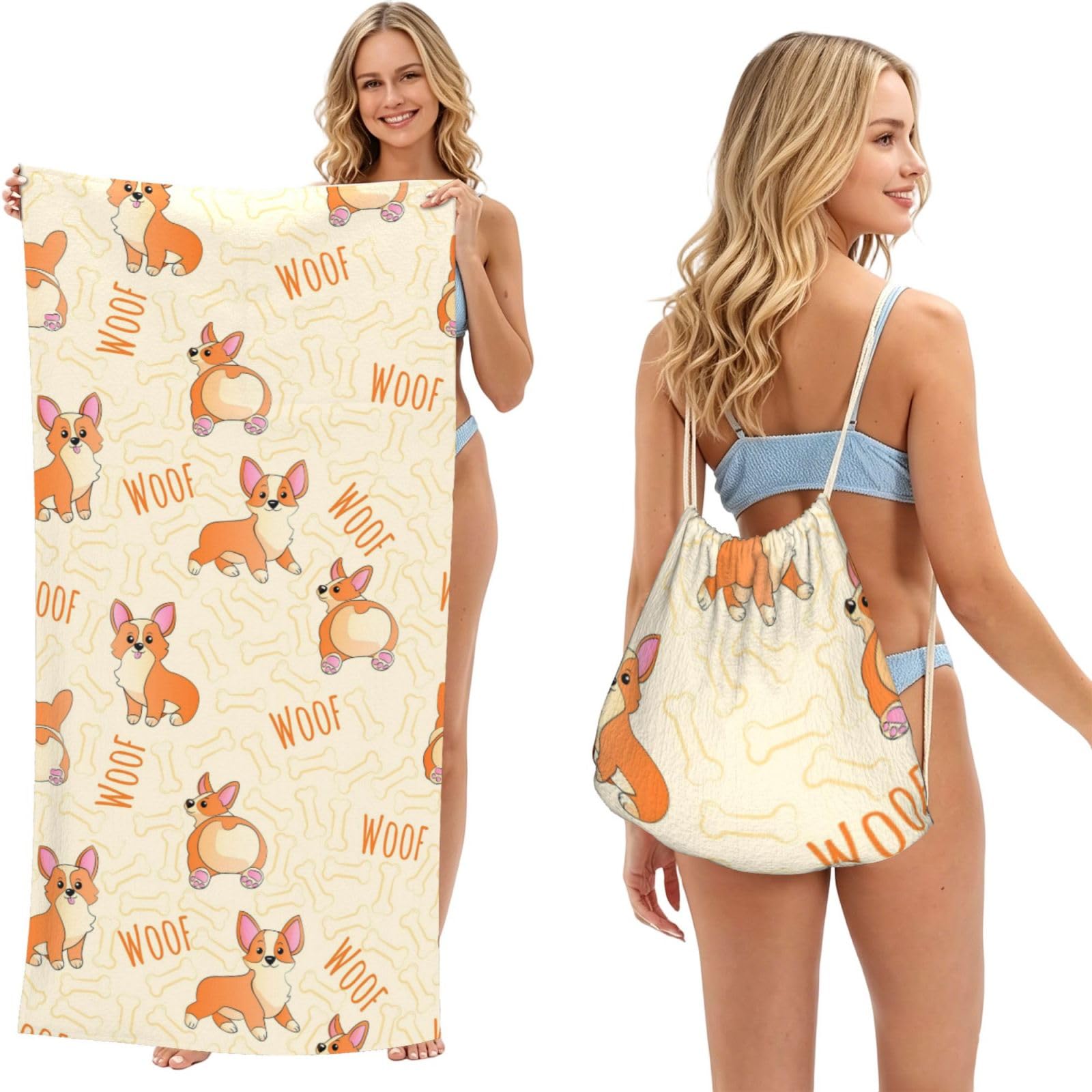 Poadnly As Picture Corgi With Bones And Words, 2 In 1 Packable Towel Bag, Beach Towels With Drawstring Backpack For Travel Holiday Camping