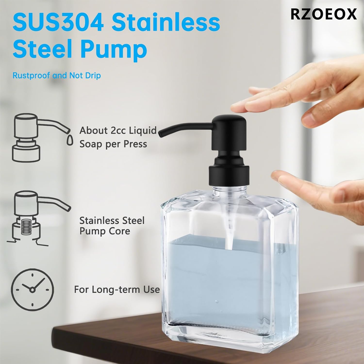 Clear Glass Soap Dispenser with Black Pump, 13.5 OZ Liquid Soap Dispenser Square with Stainless Steel Pump for Dish Hand Soap Bathroom Kitchen Vanity Countertop - Image 3