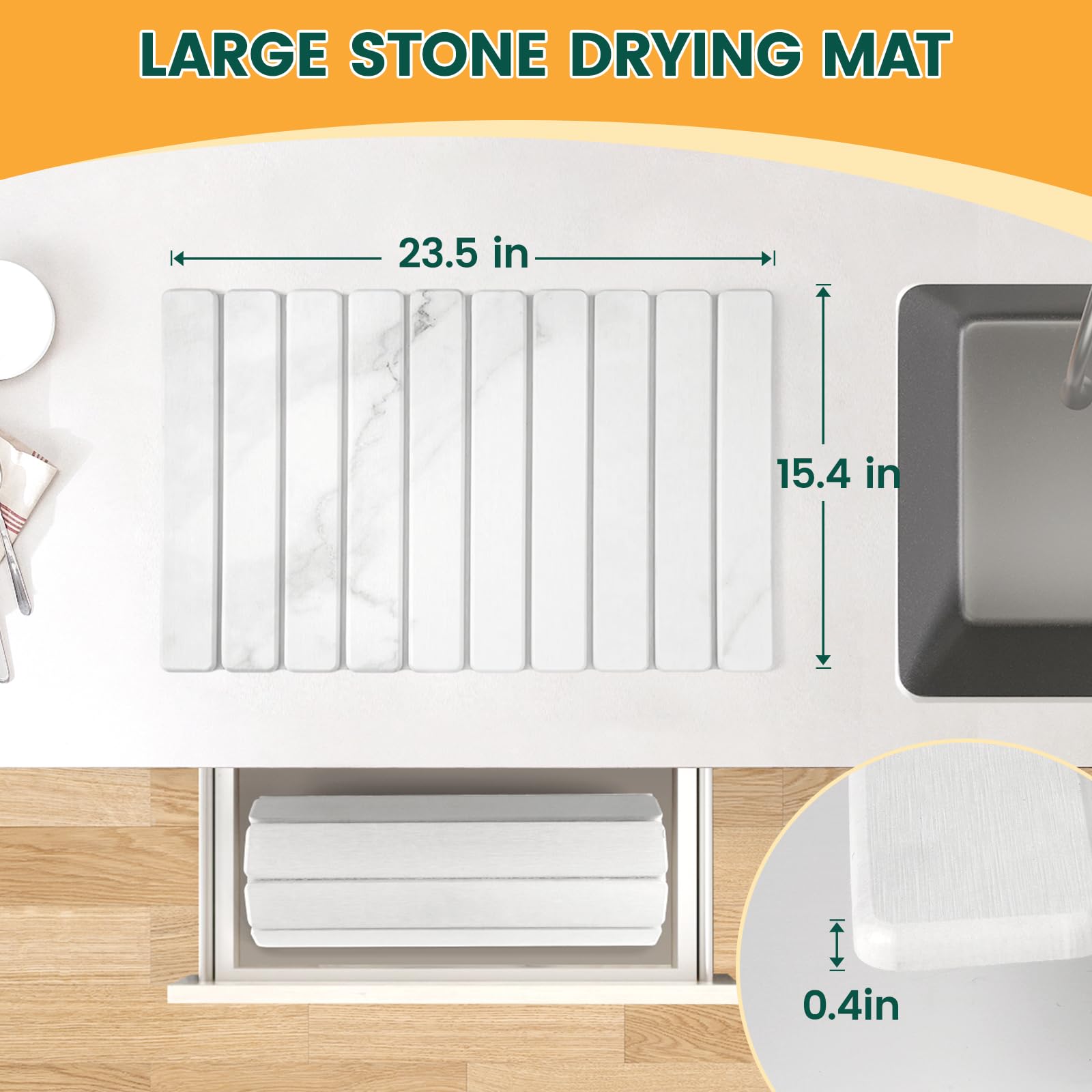 Tappetino scolapiatti 60 x 39 cm, ad asciugatura rapida, in terra di diatomee, multiuso, assorbente, design in marmo bianco per un'asciugatura efficiente dei piatti