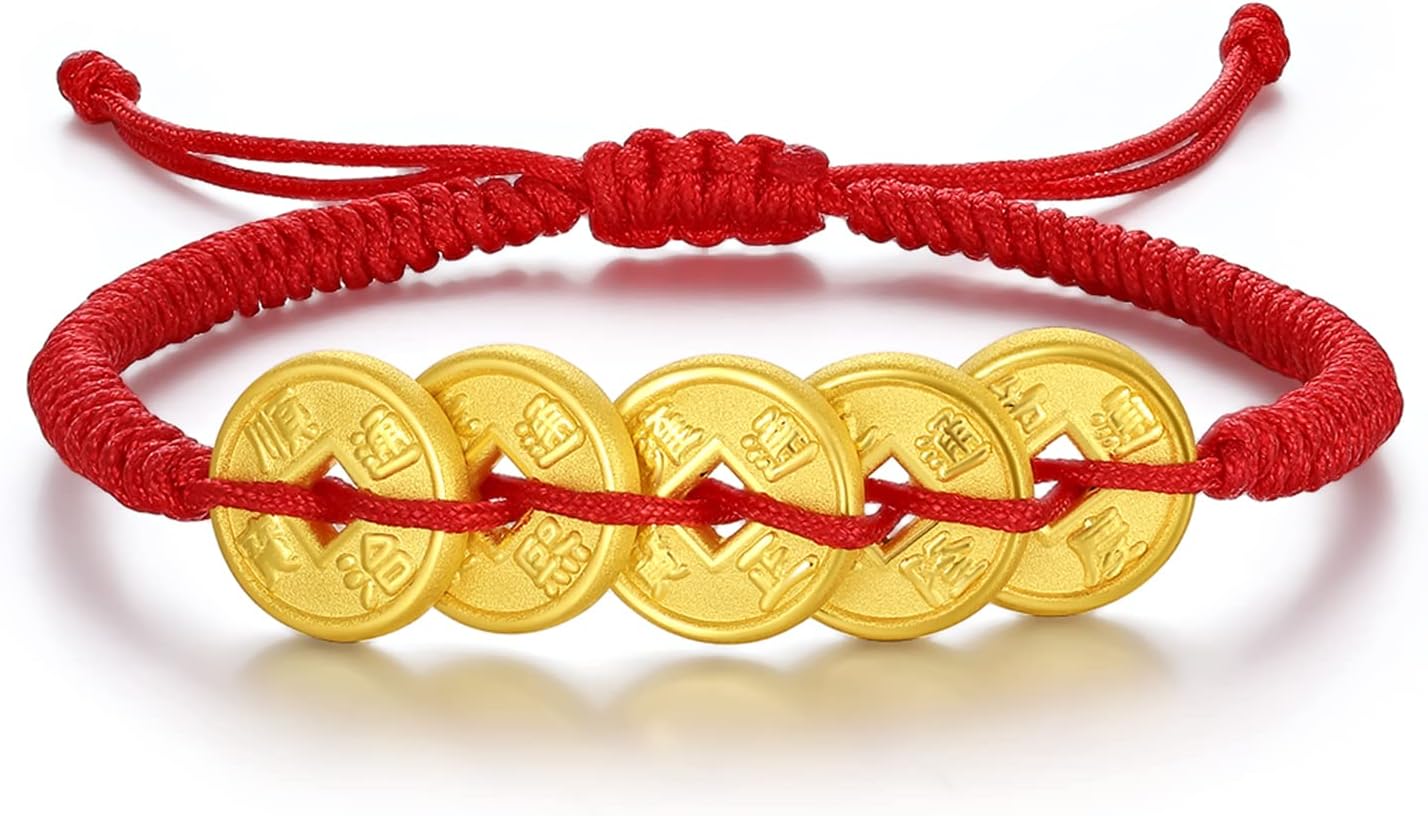 24K Solid Gold Bracelet Fortune Coins Real Gold Charm Bracelet Braided Bracelet Adjustable Dainty Jewelry for Women Mother Lover Her Anniversary Birthday