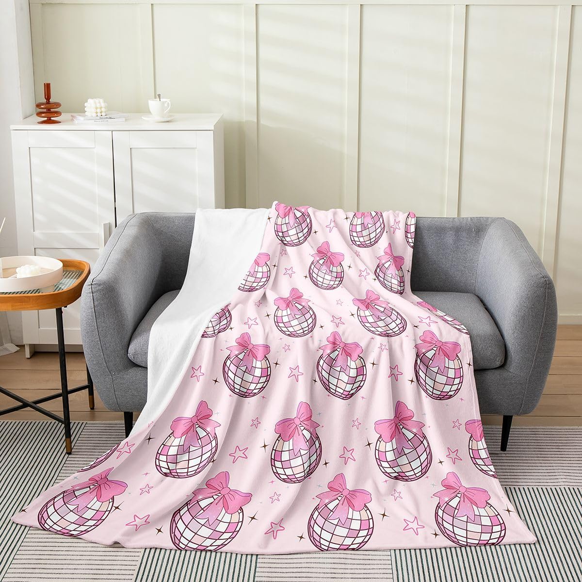 jejeloiu Kids Disco Mirror Ball Flannel Fleece Throw Blanket Twin 60"x80" Pink Bow All Season Bed Blanket for Sofa Couch Funky Cute