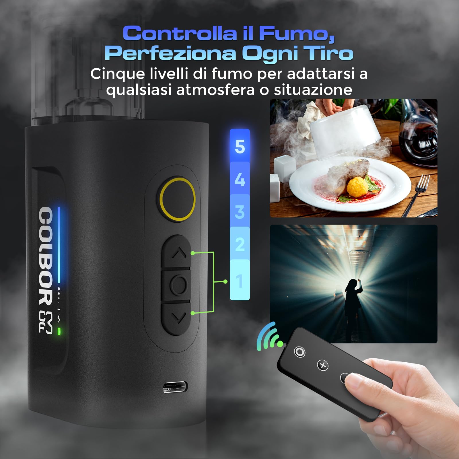 Macchina del Fumo Portatile con Telecomando, COLBOR CF3 Mini Macchina del Nebbia Ricaricabile con Protezione Contro l'inclinazione di 60° per Fotografia, Feste, Scene Cosplay, Halloween