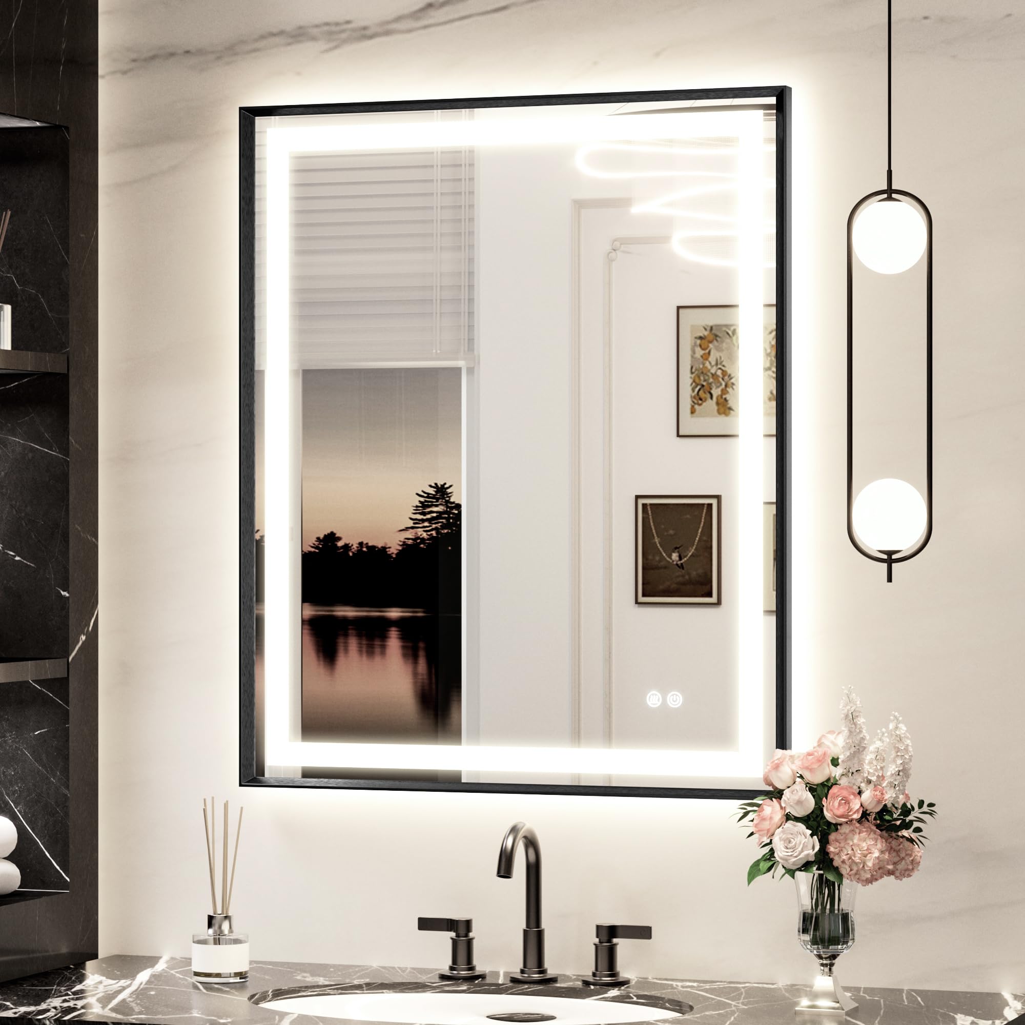 Keonjinn 30 x 36 Inch Black LED Mirror for Bathroom, Frontlit & Backlit Lighted Bathroom Vanity Mirror, HD Tempered Glass, Aluminium Alloy Beveled Frame, 3 Color Temperature, Dimmable, Defogging