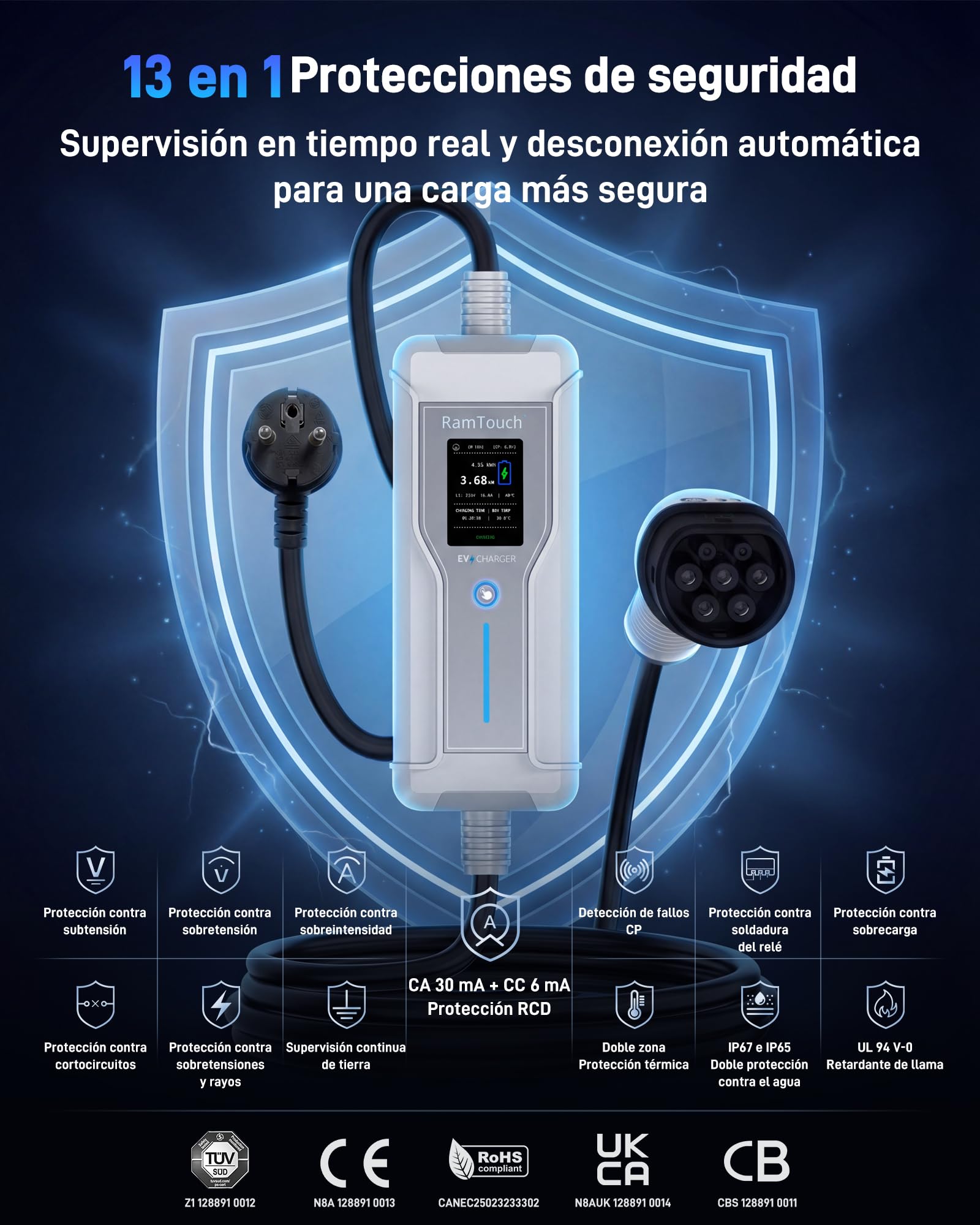 Cargador Coche Eléctrico (3,7 kW, 16 A, 7,5 m, Schuko a Tipo 2) | Monofásico | IP67 | 6–16 A | Timer + inicio diferido | LCD 2,4" | RCD CA/CC | Cable Modo 2 / wallbox móvil | para VE y PHEV