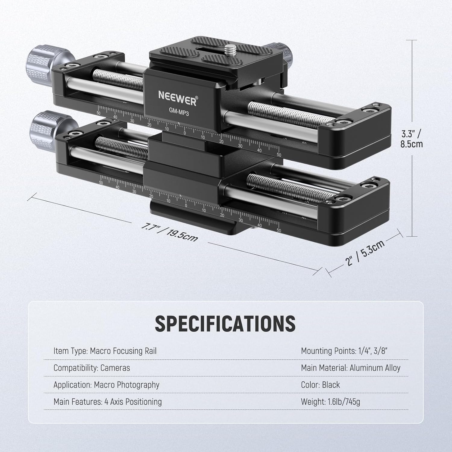 NEEWER Macro Rail Slider, 4 Axis 360° Rotating Aluminum Alloy Focusing Rail with Arca Type Quick Release Plate 1/4" Screw for Camera Camcorder Tripod Heads Macro Photography Closeups Filming, GM-MP3