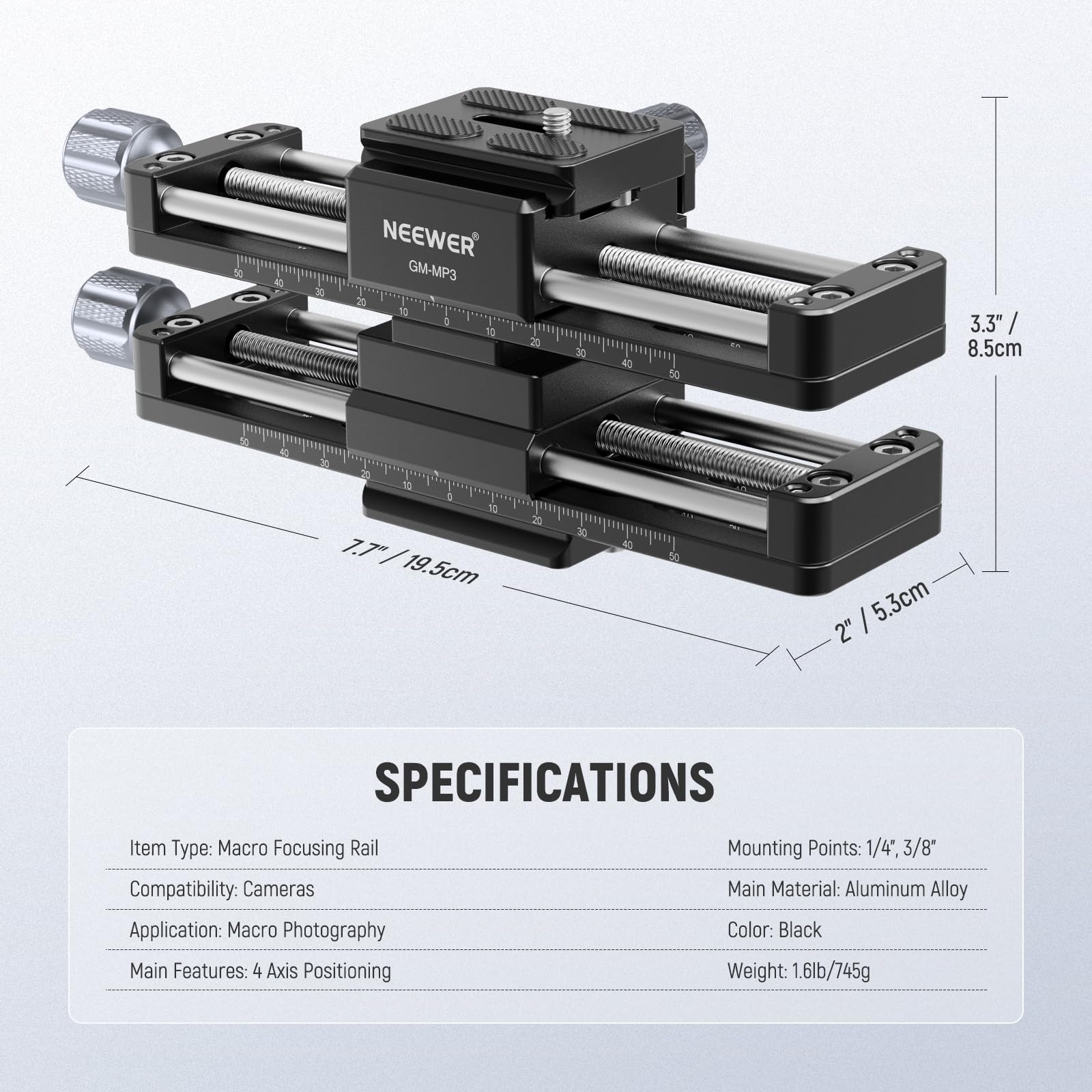 NEEWER Suwak szynowy makro, 4-osiowa obracana o 360° szyna ogniskowa ze stopu aluminium z płytką szybkiego zwalniania typu Arca śruba 1/4 cala do kamery kamery głowice statywów makro fotografia