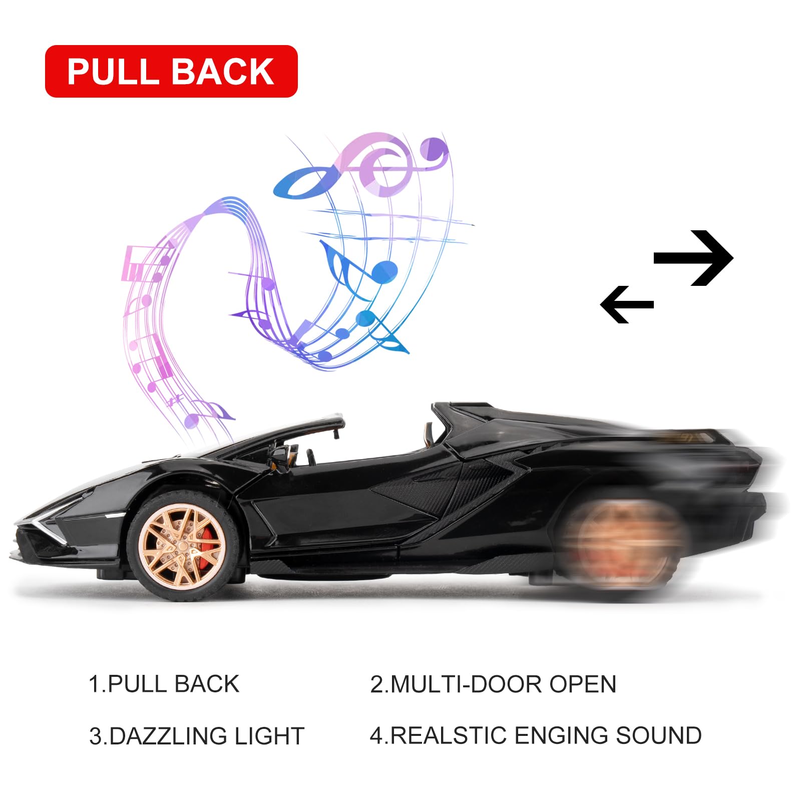 TGRCM-CZ 1/32 Lamborghini Sian Roadster Alloy Car Model, Pullback Toy Car with Sound and Light Functions, Suitable for Collectible Car Models, Children's Gift (Black) 1