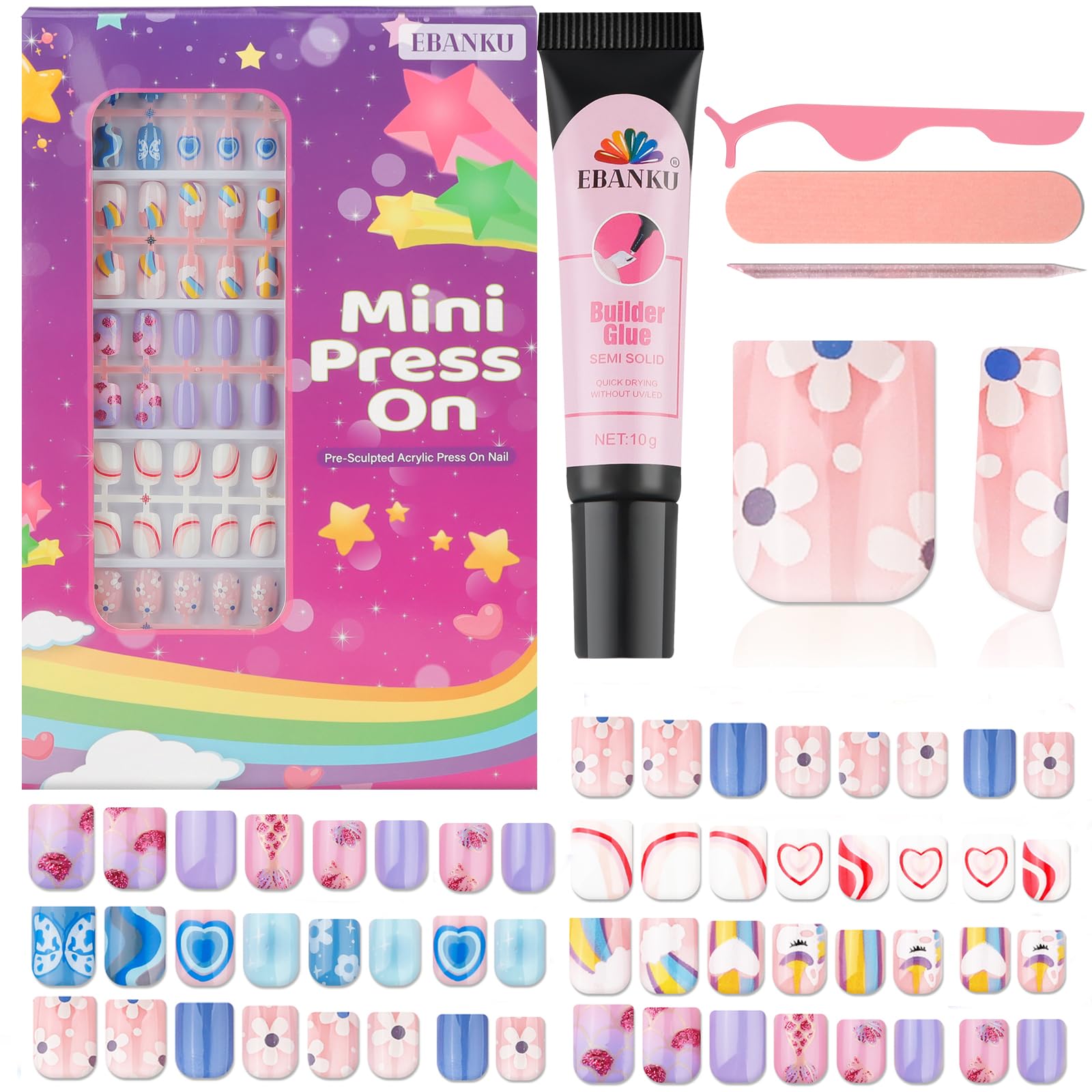 130 Pieces Press on Nails for Kids, EBANKU 5 Pack Kid Fake Nail Kit Old Cute Flower Mermaid Butterfly Heart Press on Nails for Girls 8-12 Years with