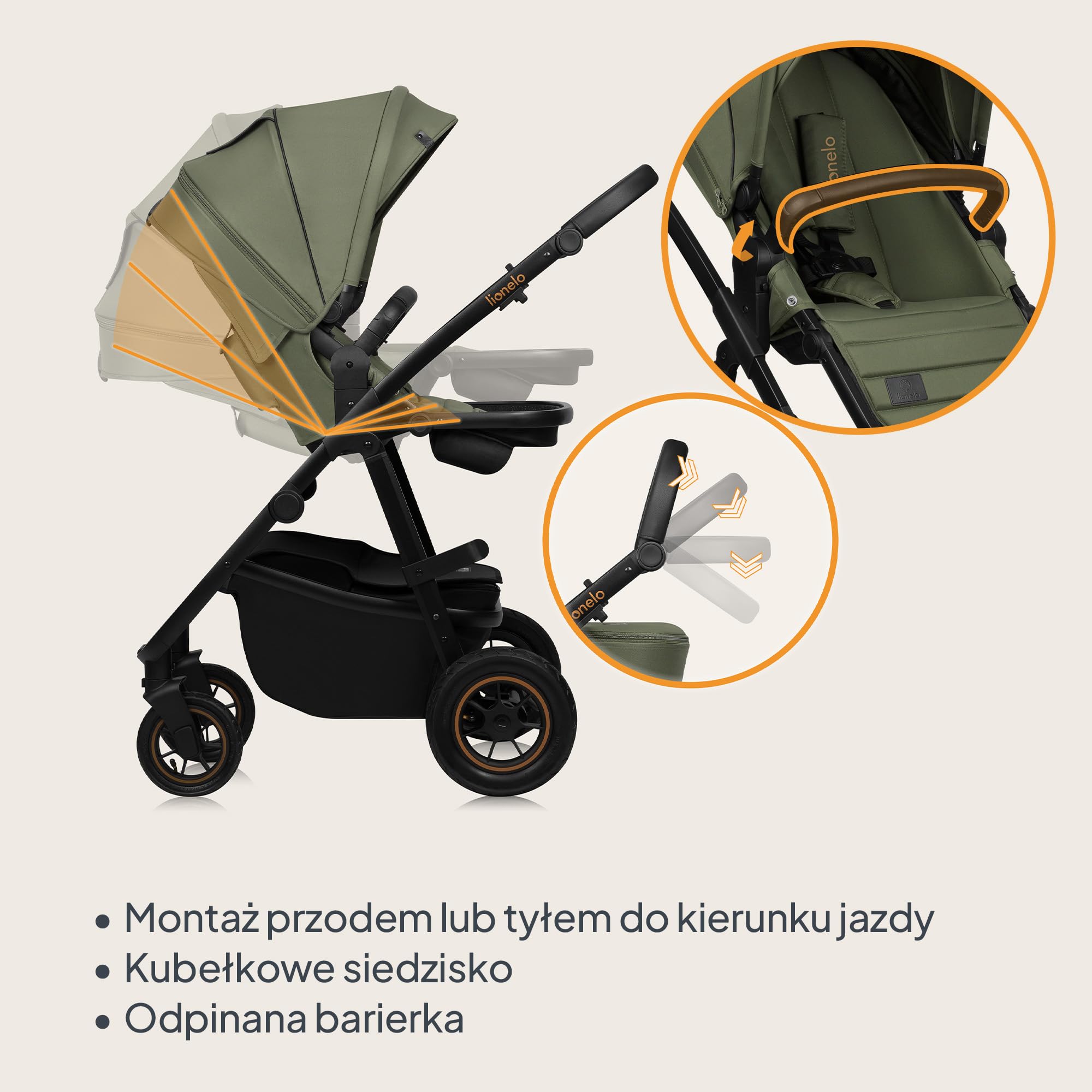 LIONELO AMBER PLUS 2 w 1 Spacerowy Wózek Dziecięcy od 0 do 4 lat do 22kg z Gondolą XL, Regulacja Oparcia, 5 Punktowe Pasy Duże Terenowe Koła 360o Budka XXL Amortyzacja Spacerówka (Zielony)