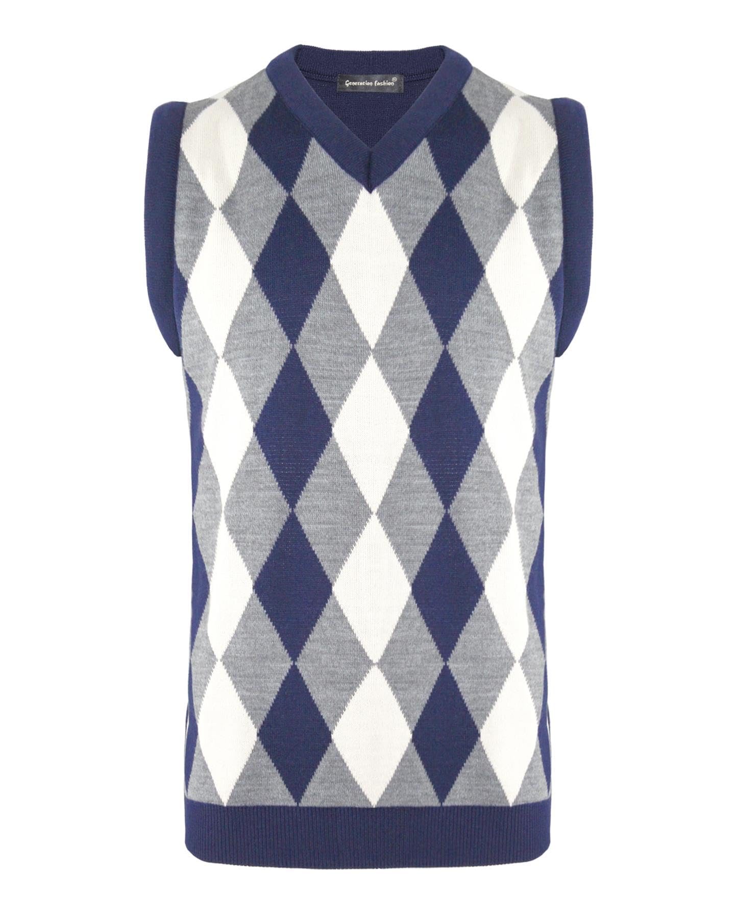 New Men Sleeveless Knitted V-Neck Argyle Pattern Jumper Top Sweater Vest with Ribbed Edge UK Size S M L XL-picture-53