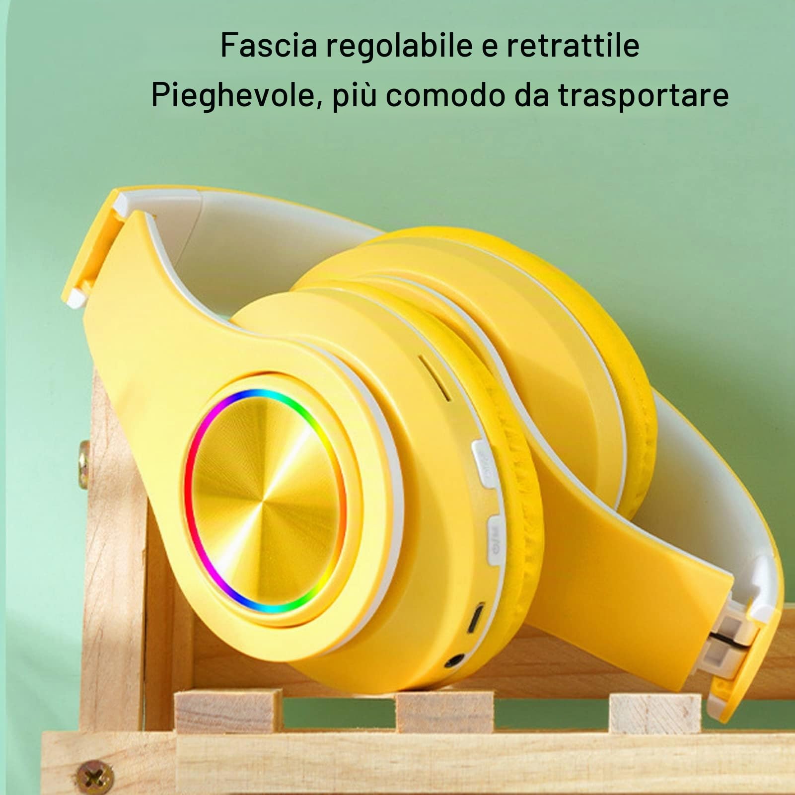 Cuffie con Cancellazione Attiva del Rumore, Cuffie Auricolari Wireless Bluetooth 5.0 Pieghevoli, Cuffie con Luce Colorata RGB, Cuffie Auricolari in Pelle PU, per Ragazzi, Ragazze(Giallo)