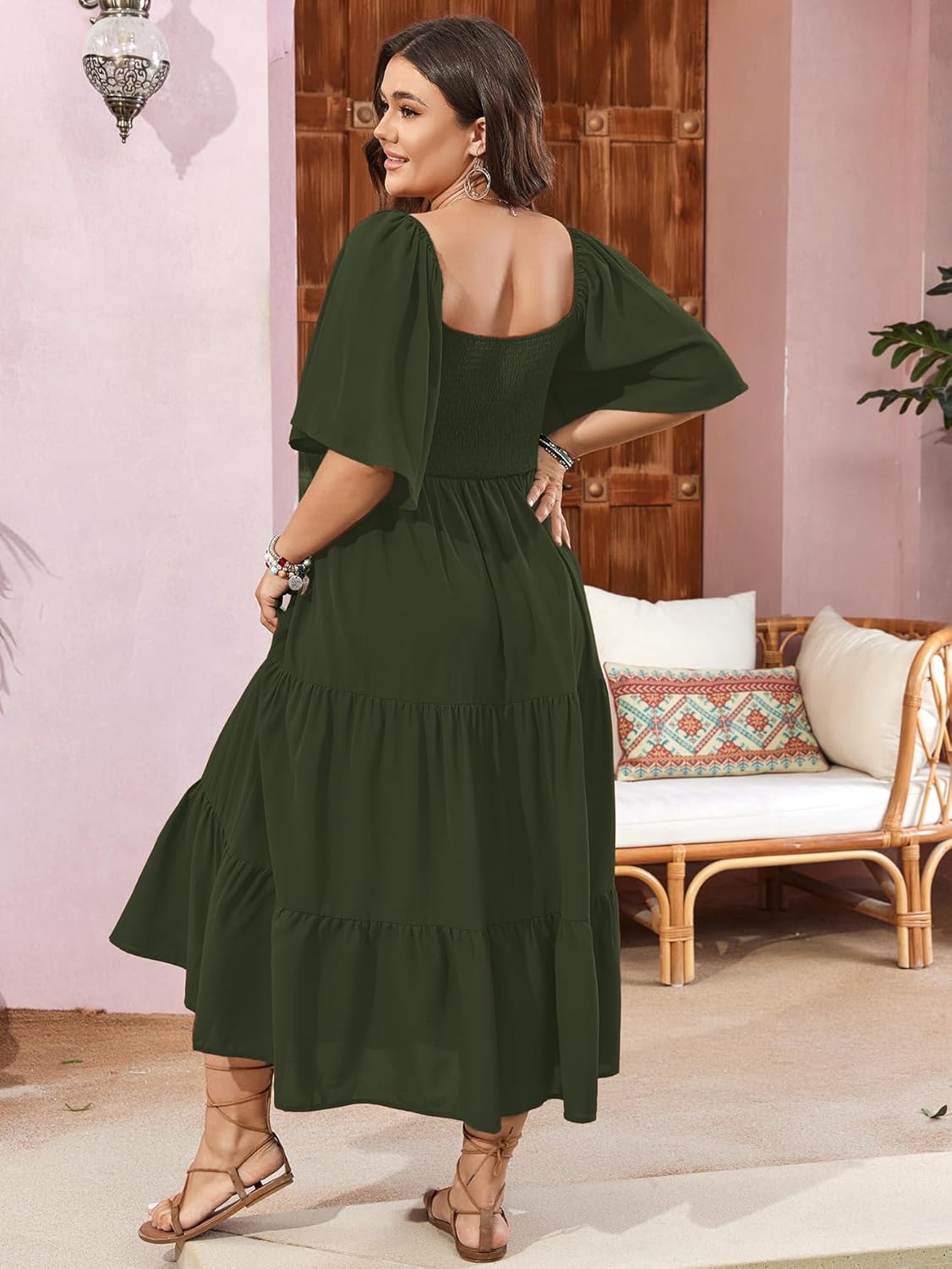 SCOMCHIC Women's Plus Size Flowy Maxi Dress Flutter Short Sleeve Boho Dress Square Neck Smocked Formal Dresses for Women - Image 2