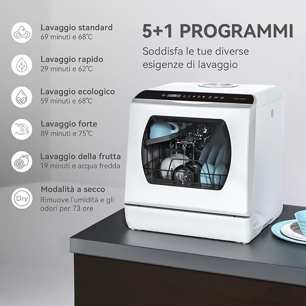 Hermitlux Lavastoviglie portatile con 4 Coperti, Serbatoio dell'acqua da 5 L, Lavastoviglie Piccola da 6 Programmi, Bianco - 3