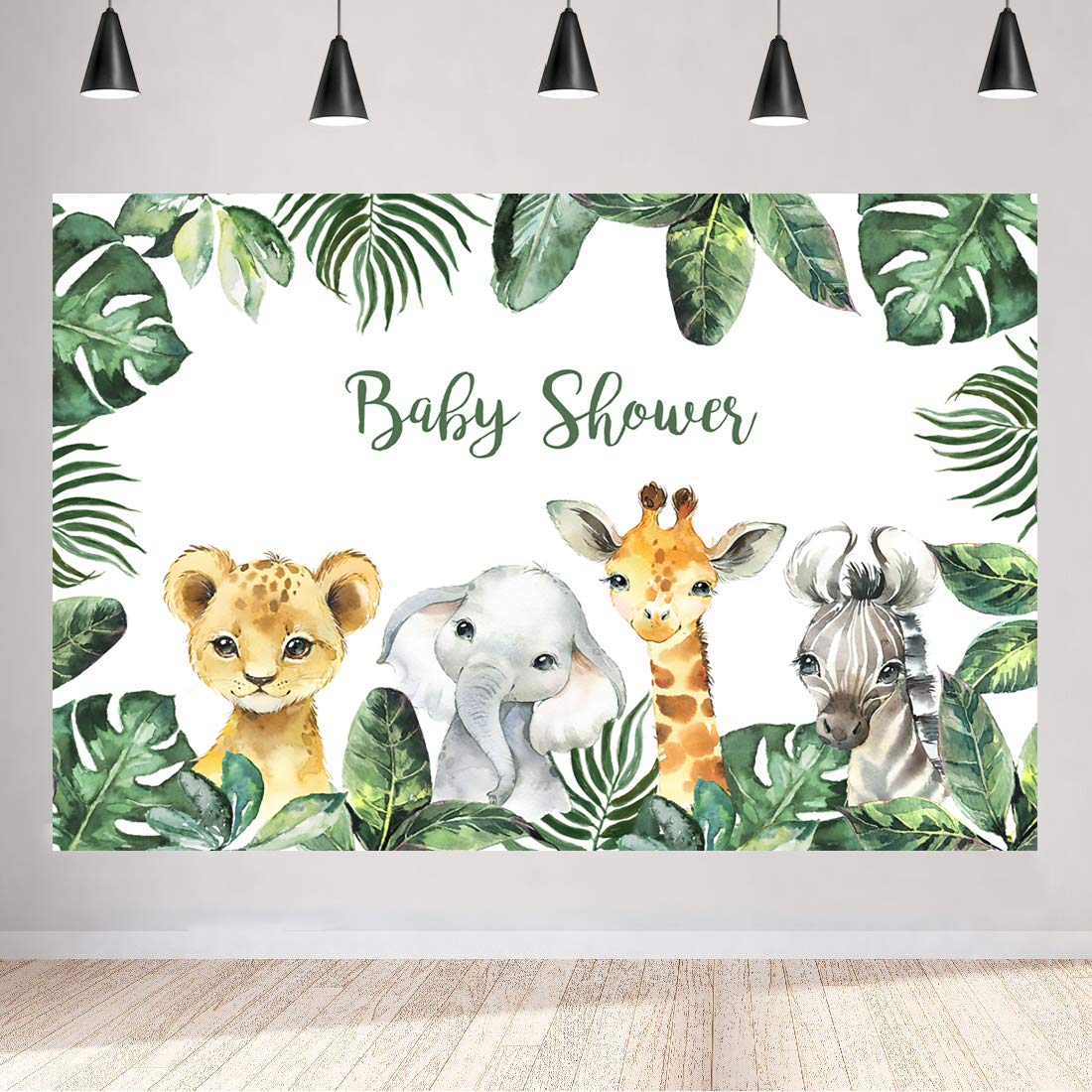 Aperturee Safari Animals Baby Shower Backdrop Jungle Woodland Greenery Photography Background 5x3ft Birthday Boy Girl Elephant Lion Giraffe Cake Table Party Decoration Photo Studio Booth Props Banner