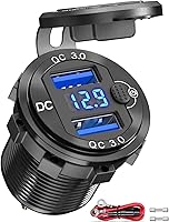Vista 1 de [Metal Shell] 12V USB Outlet Dual QC 3.0: Qidoe Aluminum Socket 12 Volt Motorcycle USB Outlet with LED Voltmeter Button Switch Waterproof 12 V Car