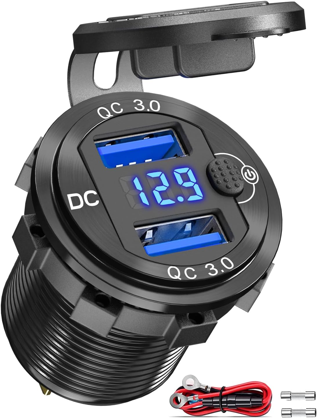 [2021 Upgraded] Quick Charge 3.0 Dual USB Socket, Qidoe Aluminum Metal 12V/24V USB Outlet with LED Voltmeter & ON/Off Switch for Car Boat Marine ATV Bus Truck and More