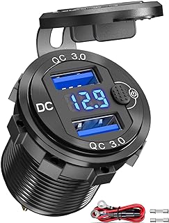[Upgraded Version] 12V USB Outlet Dual Quick Charge 3.0, Qidoe Aluminum Socket 12V Motorcycle USB Outlet with LED Voltmeter Button Switch Waterproof 12V Car Charger for Boat Marine Moto RV Golf Cart