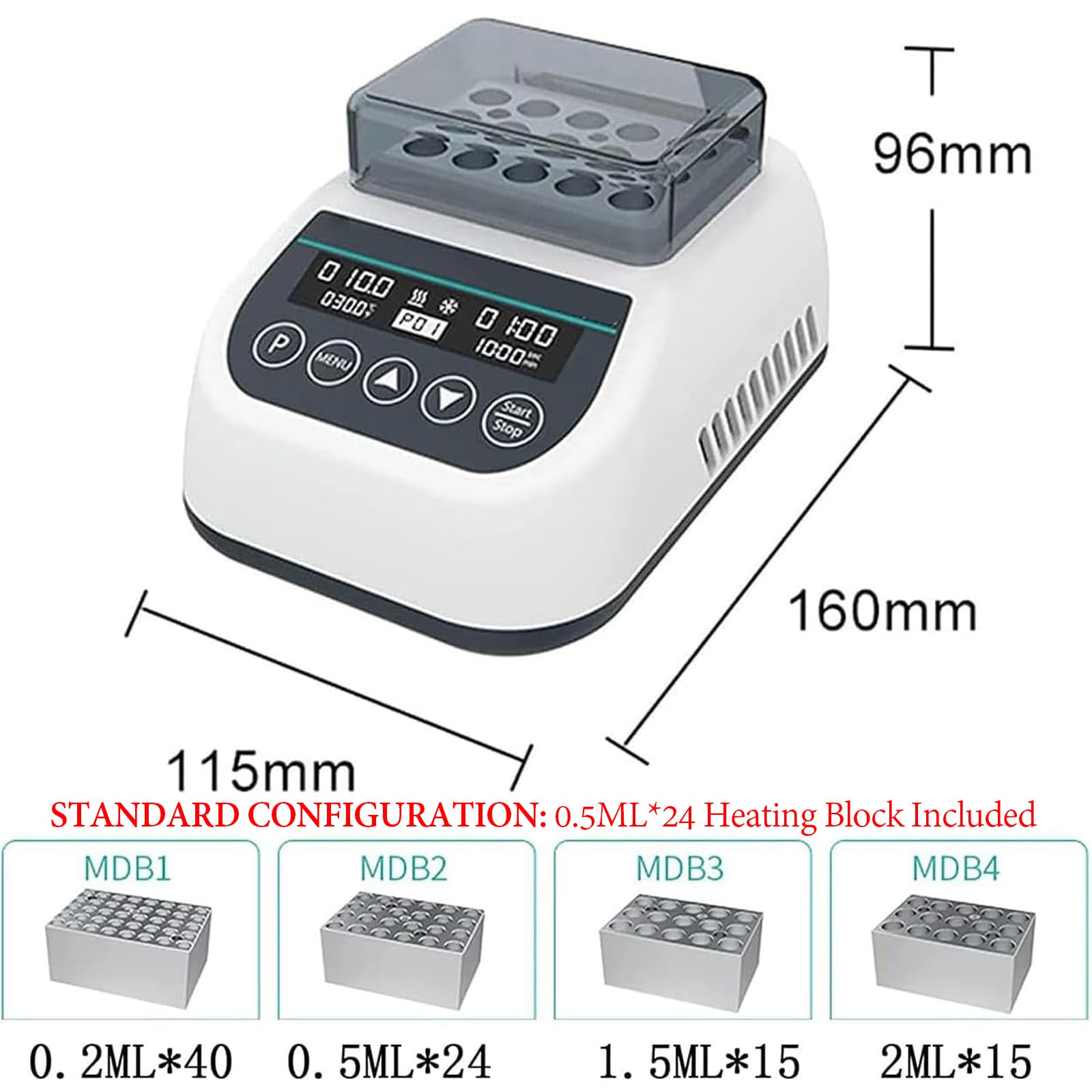 Incubadora de Baño Seco Digital, Calentador de Bloque de Laboratorio, Control Termostático de Temperatura Preciso, 9 Modos Programables y Pantalla LED para PCR, Preparación de Muestras MDB100C