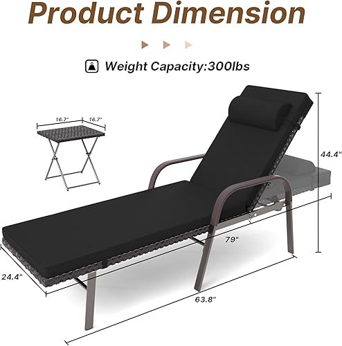 Miniatura 3 de Gotland Juego de tumbonas para patio al aire libre, sillón reclinable de ratán con respaldo ajustable, 3 piezas acolchadas para patio, tumbona