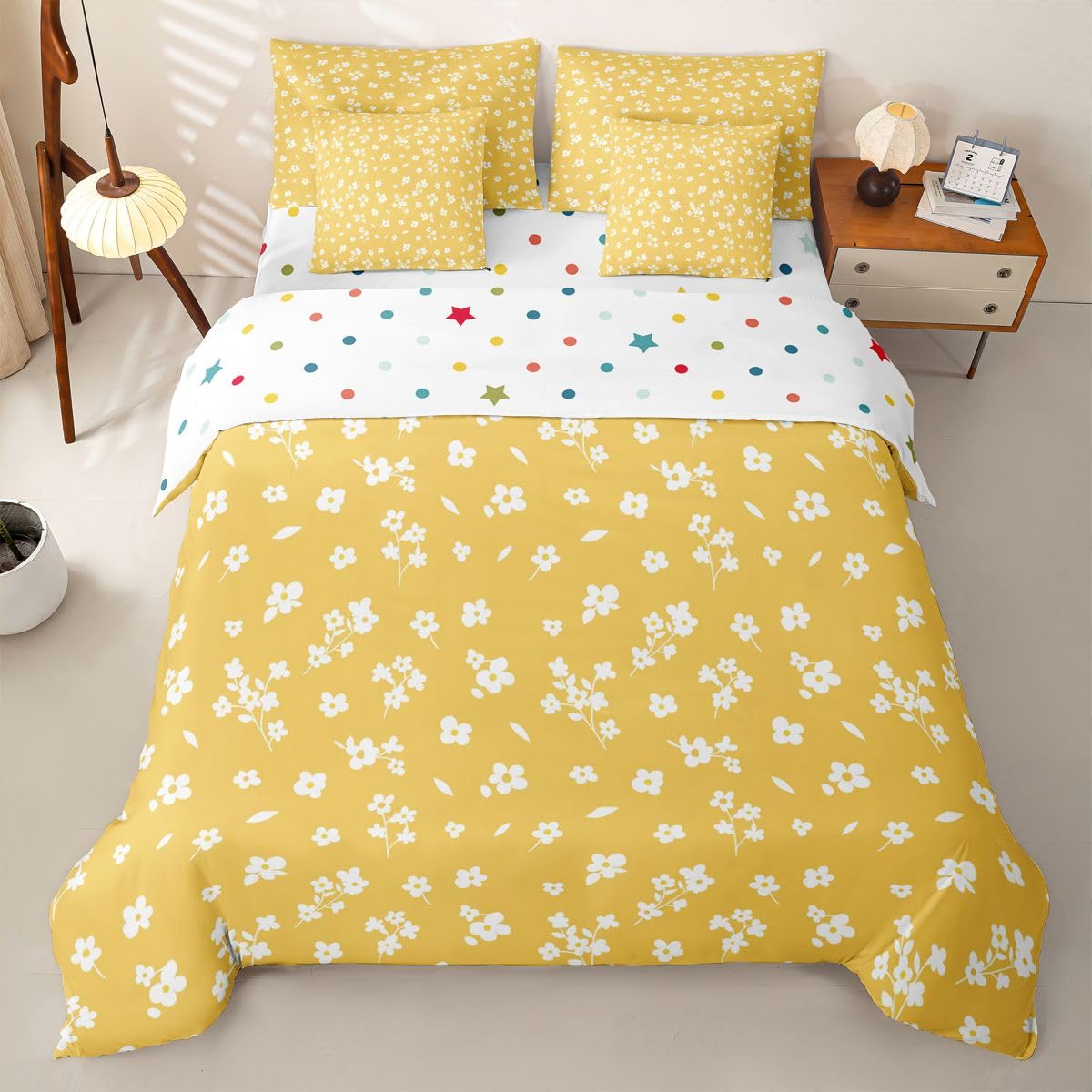 Loussiesd Juego de funda de edredón amarillo con sábanas, 7 piezas, tamaño Super King, para niños y niñas, cama de flores amarillas en una bolsa, decoración botánica de habitación bohemia, flores