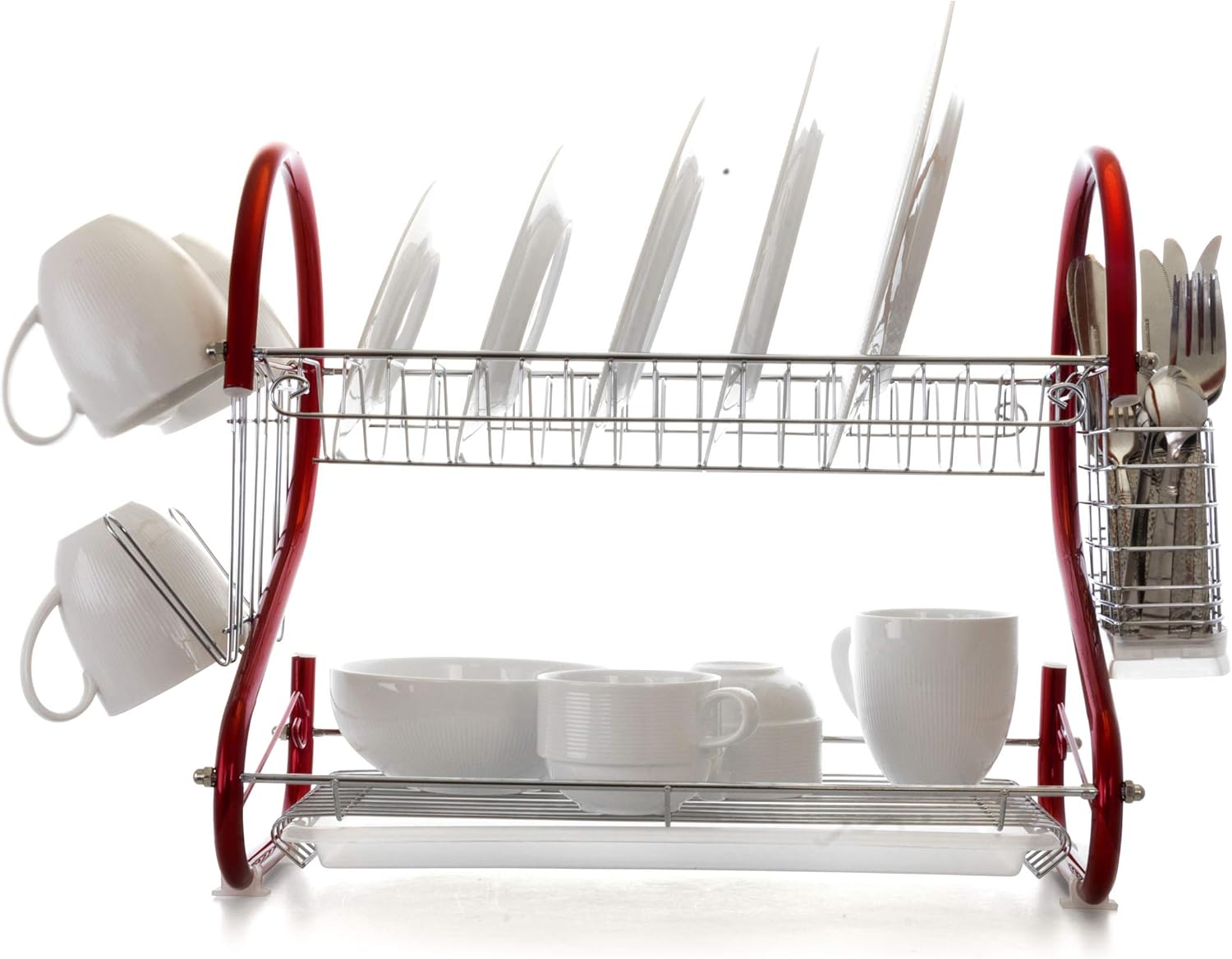 MegaChef Iron Wire Contemporary Dish Drying Rack with Included Hangers, Utensil Compartment, and Drip Tray, 16 Inch, Red and Silver Chrome