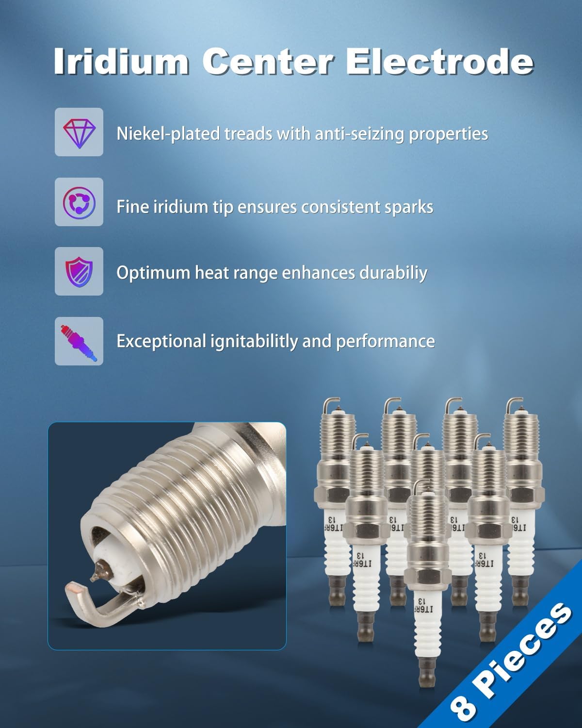 ECCPP Spark Plug Iridium Fit for 2005-2008 for Buick for LaCrosse 3.8L/V6,1996-1997 for Chevrolet for C1500 5.7L/V8 Replacement for 7164,TR55IX (8 Spark Plugs)