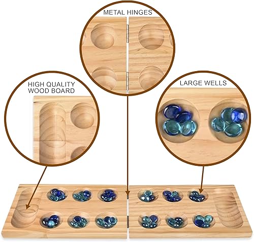 Miniatura 4 de Gamie Juego de mesa de madera de Mancala - Mancala plegable con 48 piedras de colores - Juegos clásicos de 2 jugadores para adultos y niños con