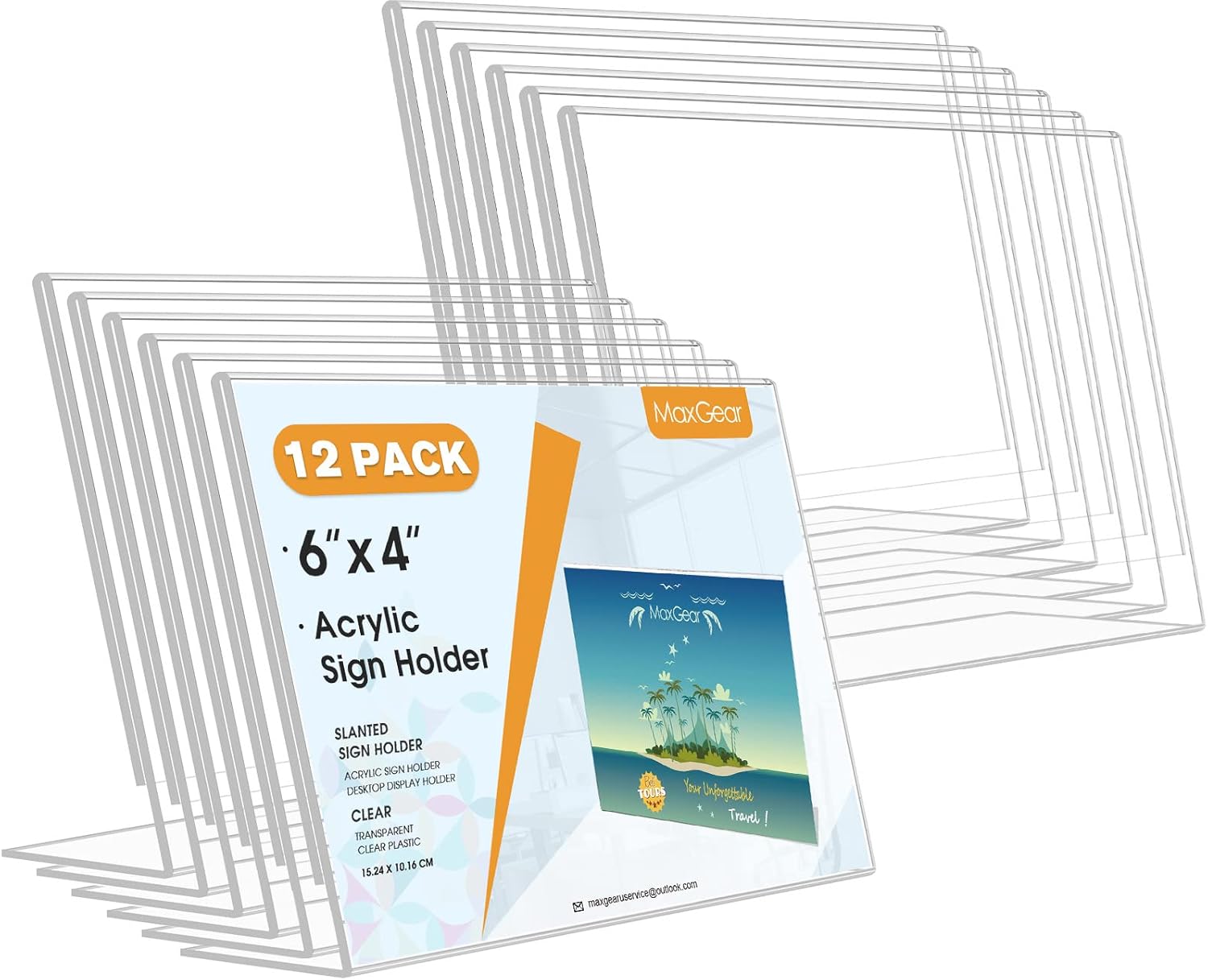 MaxGear Sign Holder 4X6 inches Slant Back Acrylic Sign Holders Plastic Display Stand Clear Paper Stand Tabletop Display for Office, Home, Store, Restaurant, 12 Pack