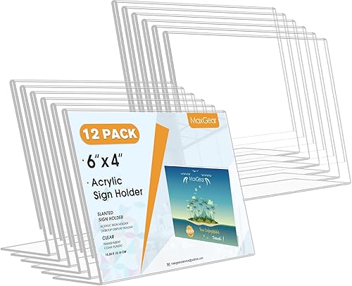 MaxGear Soporte para letreros de 4 x 6 pulgadas, soporte de acrílico inclinado para letreros de plástico, soporte de papel transparente, exhibición