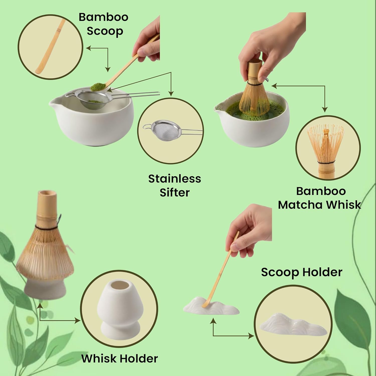 Matcha Tea Set - Complete Starter Kit (Whisk, Scoop, Holder, Bowl) - Traditional Japanese Bamboo Chasen for Smooth, Clump-Free Tea