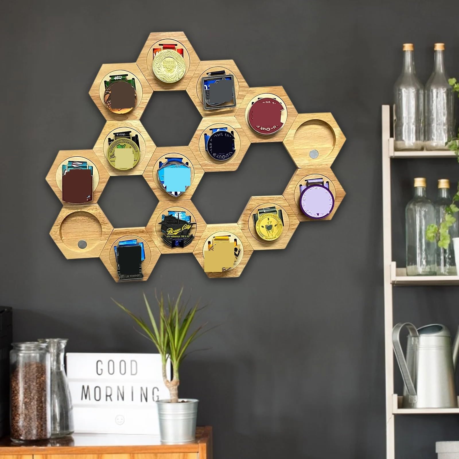 Display medaillenrahmen 1-10Pcs Holz Medaille Display Racks Sechseckige Kombination Medaille Halter Ehre Gedenk Display Home Wand Dekoration(6pcs)