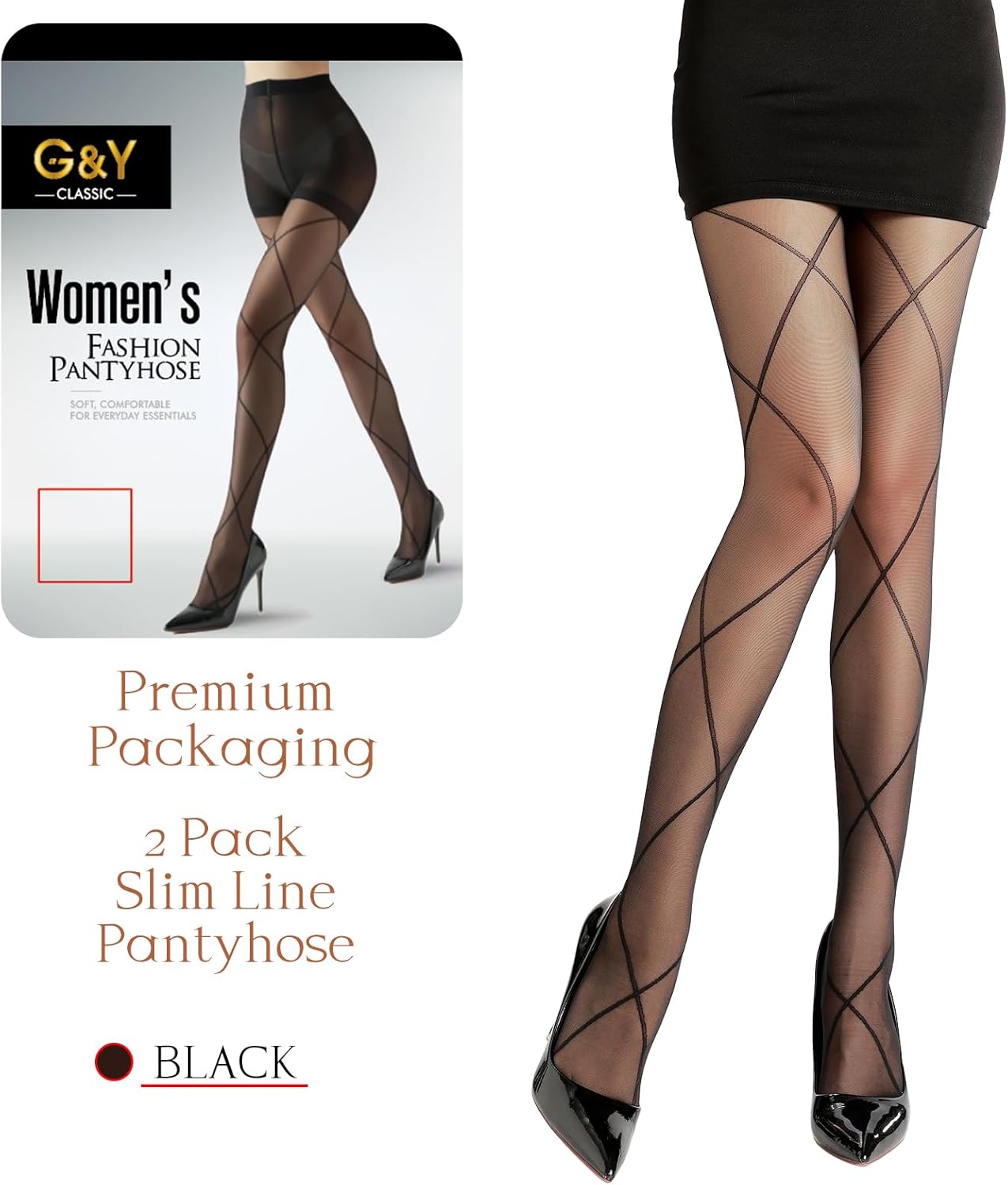 G&Y 2 Pairs Women's Pattern Sheer Tights - 30D Control Top Pantyhose Black Dot Heart Diamond Patterned - Image 4