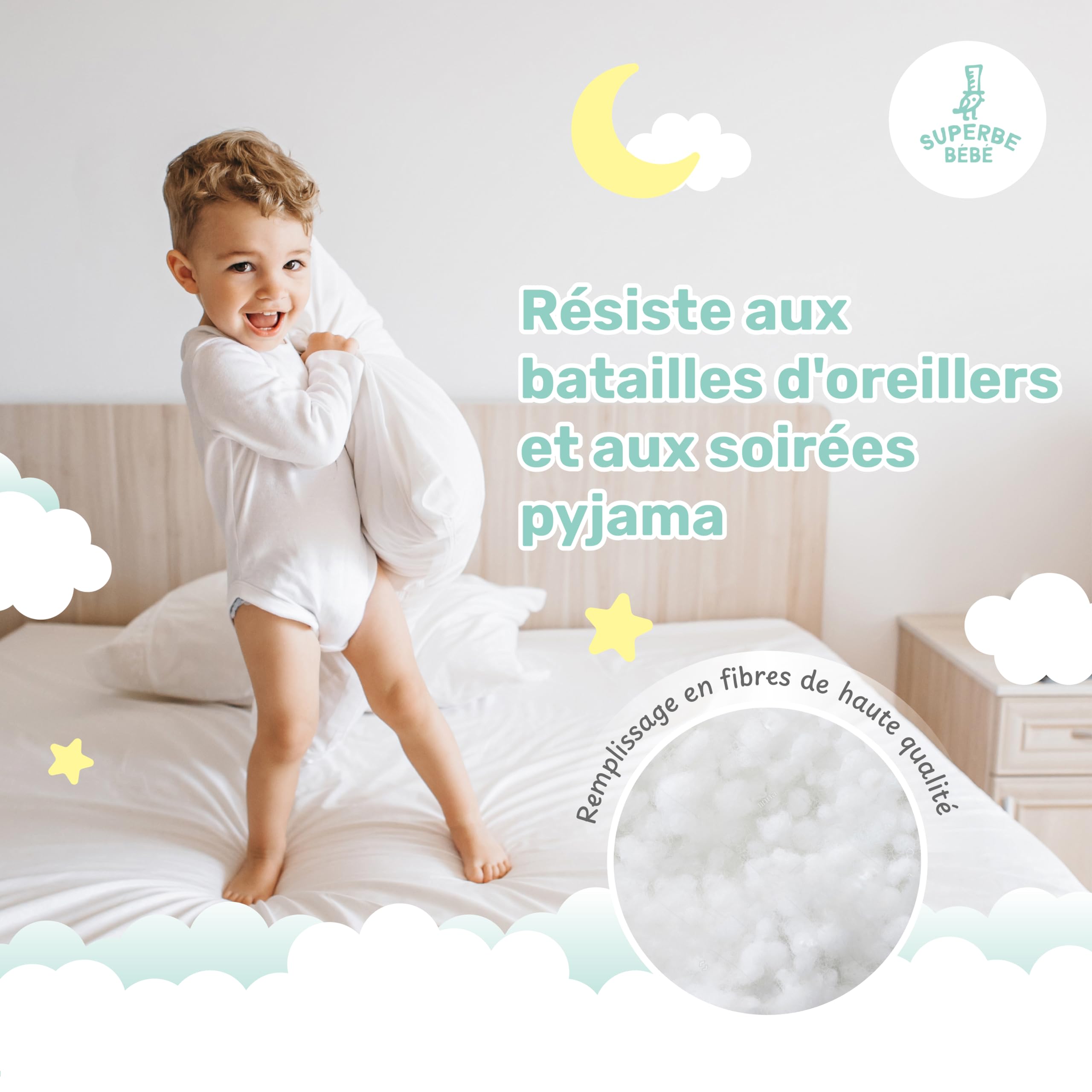 Oreiller Enfant 40x60 cm en Coton Oeko-TEX - Coussin pour Bebe et Enfant de 3 à 10 Ans - Coussin Bebe Idéal pour Siestes Ecole Maternelle et Voyages - Lavable en Machine - Hypoallergénique