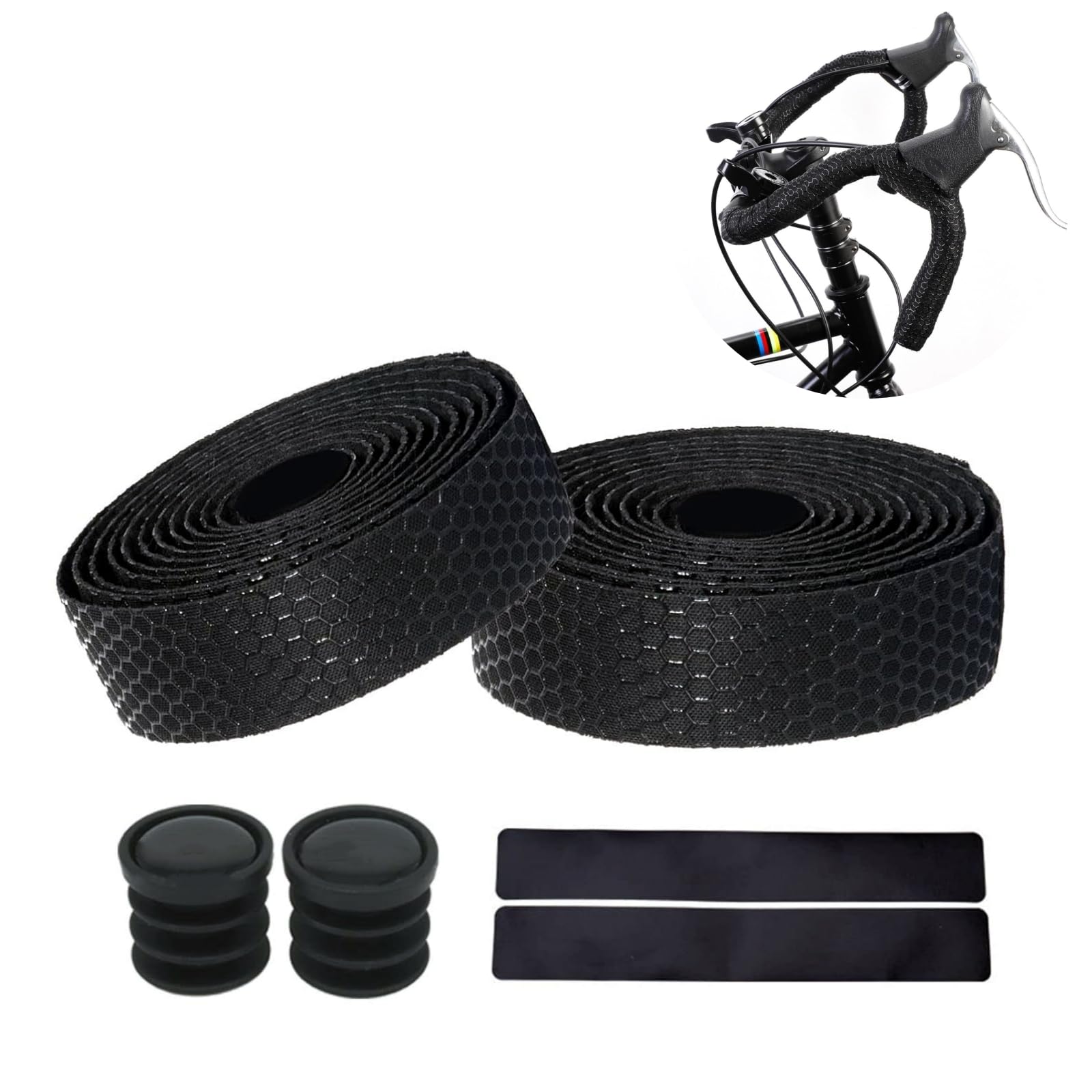 Bike Handlebar Tape Road Bike Bar Tape Non-Slip Shock-Absorbent Self Fusing Foam GripTape with Handlebar Plugs & FinishingTape, Bicycle accessories Enhance Your Bike Grip, Black, 3 x 215 cm, 1 Pair
