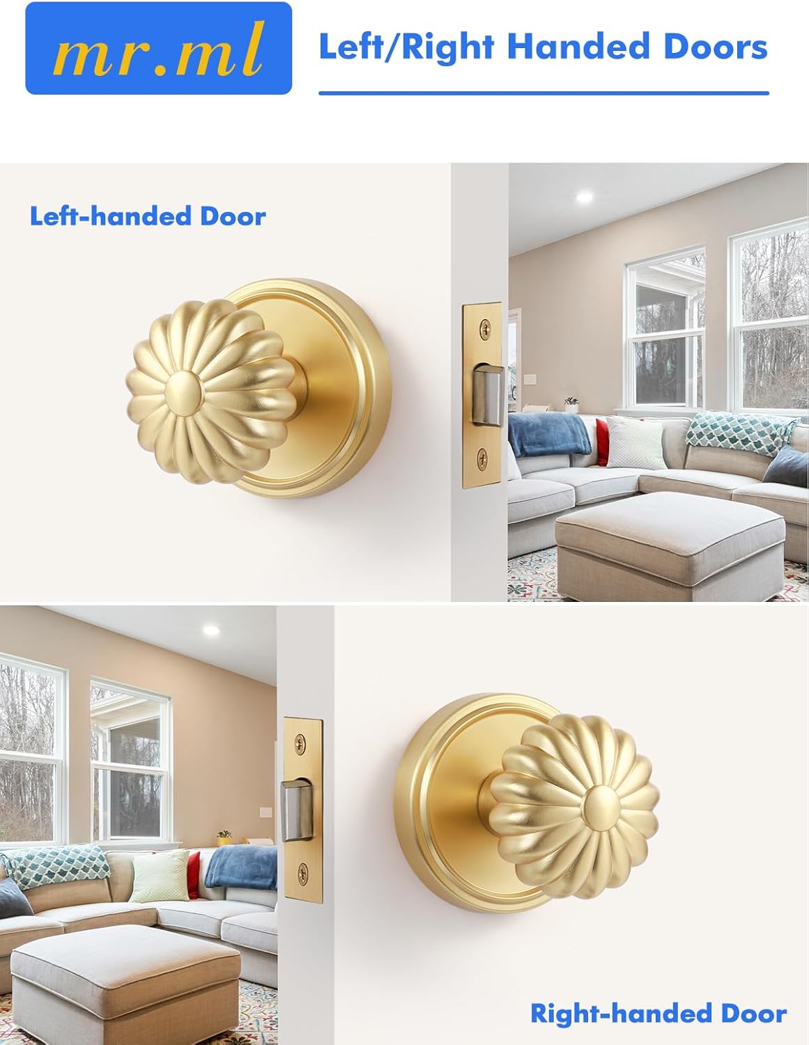 Gold Passage Door Knob, Interior Hall Closet Light Gold Door Knob Without Lock, Kitchen Pantry Laundry Room Brushed Gold Door Knobs, Aluminium Alloy Knob, 2 Pack