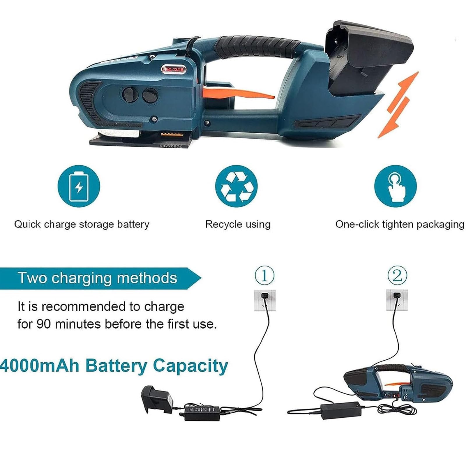 Cercleuse électrique alimentée par Batterie 4000mAh pour Sangles PP/Pet 1/2-5/8in - Cercleuse Automatique pour palettes en Carton, Emballage - Temps de soudage Seulement 2-5S, 2*Batterie