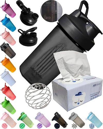 Shaker Bottle w. Bucle clásico en negro oscuro para mezcla de bebidas de proteínas, capacidad para 16 onzas de ancho. Escala a 12 onzas y bola de